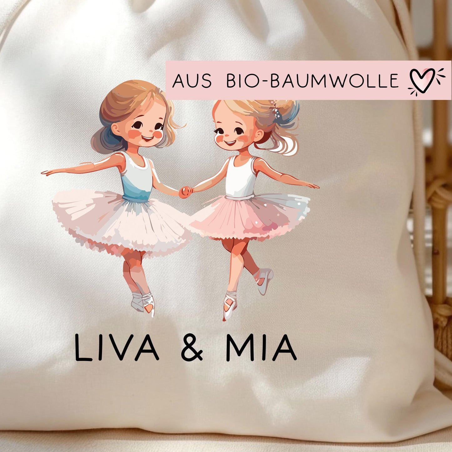 2 Ballerina Turnbeutel Stofftasche mit Namen personalisiert - Rucksack als Sportbeutel für Schule, Kindergarten - Sportbeutel - Schwester kleinebuchstaben