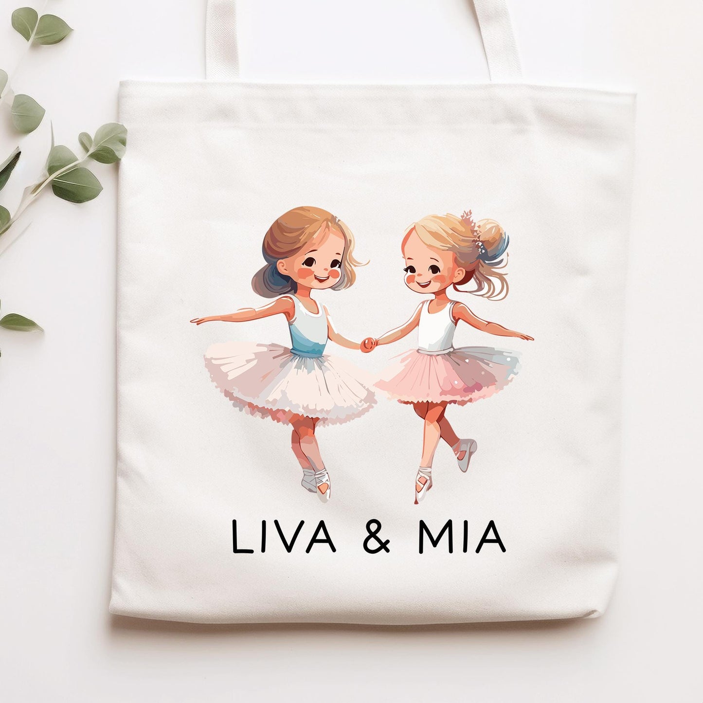2 Ballerina Turnbeutel Stofftasche mit Namen personalisiert - Rucksack als Sportbeutel für Schule, Kindergarten - Sportbeutel - Schwester kleinebuchstaben Stofftasche Schriftart 1