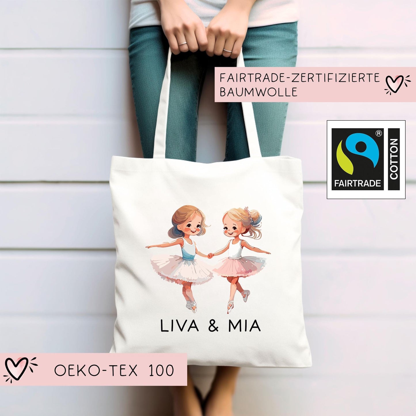 2 Ballerina Turnbeutel Stofftasche mit Namen personalisiert - Rucksack als Sportbeutel für Schule, Kindergarten - Sportbeutel - Schwester kleinebuchstaben
