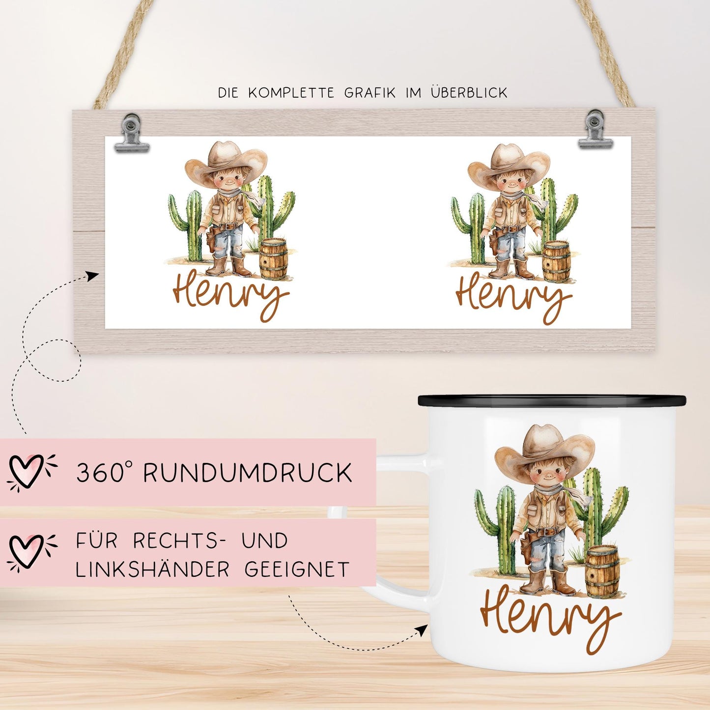 Emaille Tasse Becher Cowboy Personalisiert mit Wunschnamen - Wilder Westen für Kinder - Tasse personalisiert - Weihnachten - Geburtstag kleinebuchstaben