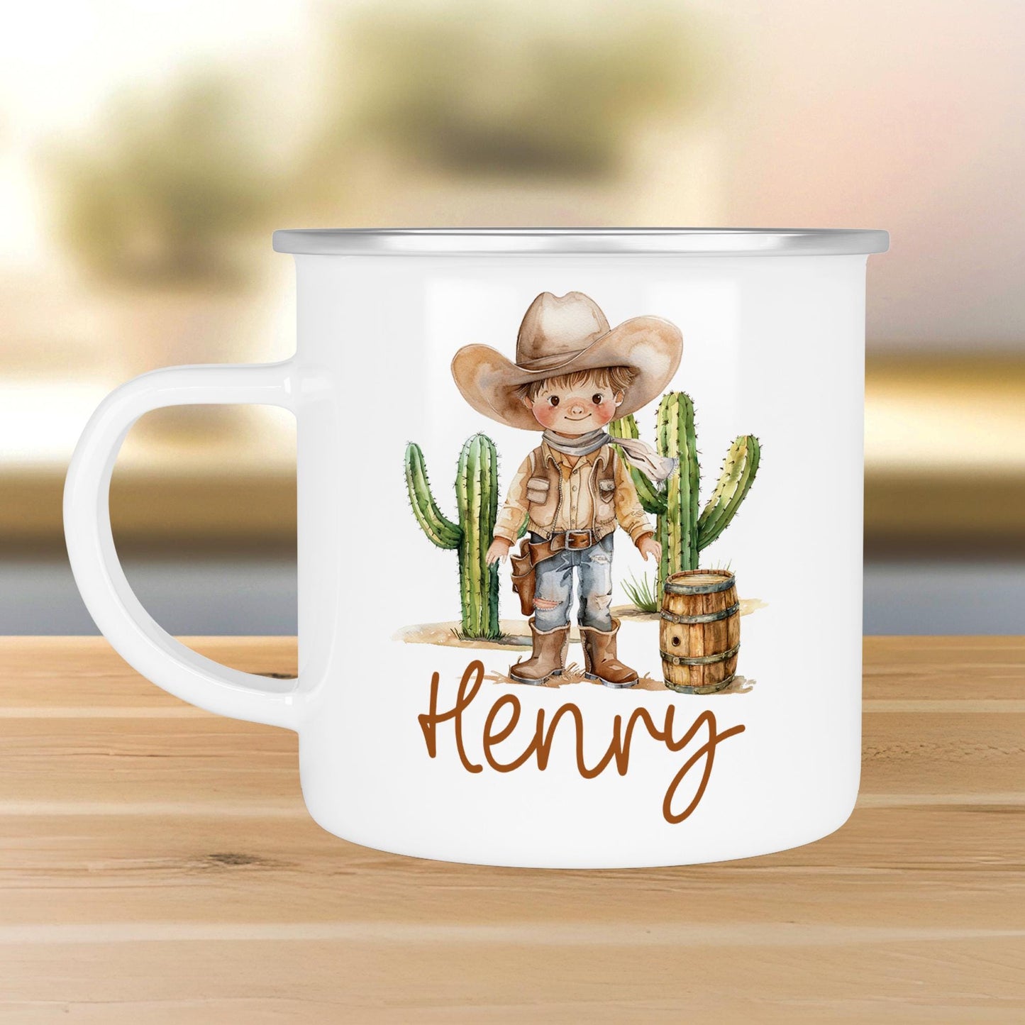 Emaille Tasse Becher Cowboy Personalisiert mit Wunschnamen - Wilder Westen für Kinder - Tasse personalisiert - Weihnachten - Geburtstag kleinebuchstaben Randfarbe: Silber Schriftart 1