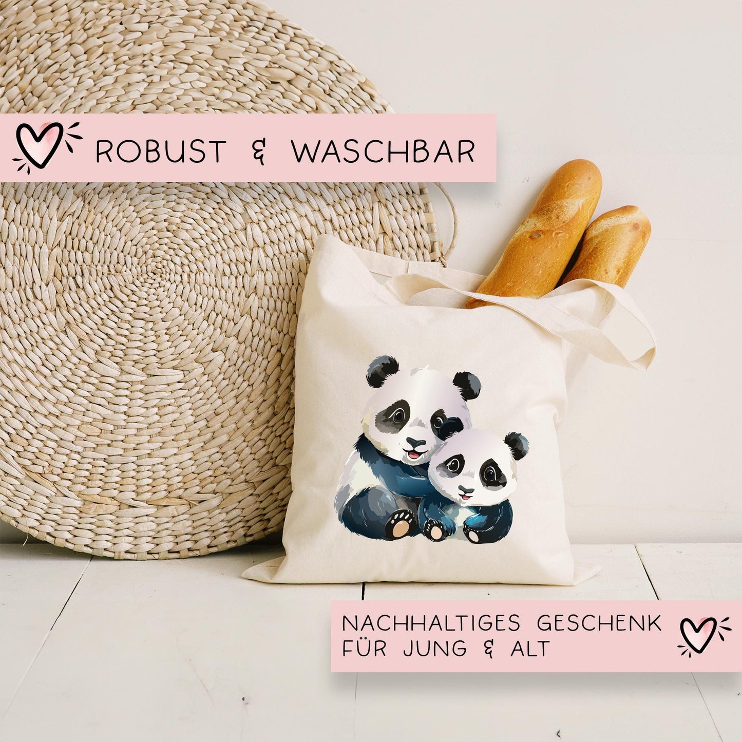 Stofftasche Pandabären Berlin Baby Zwillinge - Tasche & Name - Beutel - Wechselwäsche Jutebeutel - Kindergarten - Einkaufstasche kleinebuchstaben