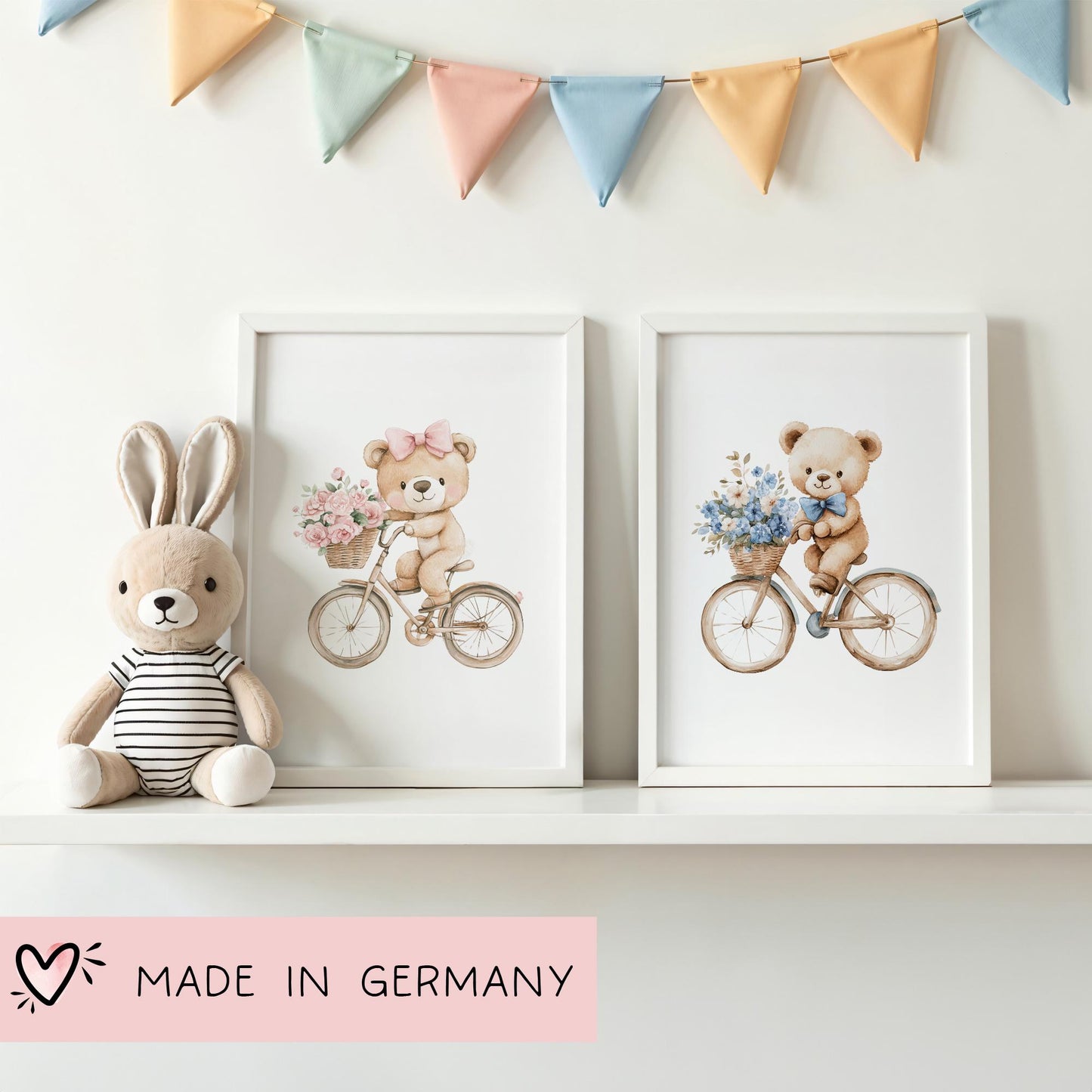Poster Bär auf Fahrrad Rosa mit Blumen mit Namen - Personalisiert ohne Namen für Kinderzimmer -Namensposter - Geschenkidee - Wanddeko kleinebuchstaben
