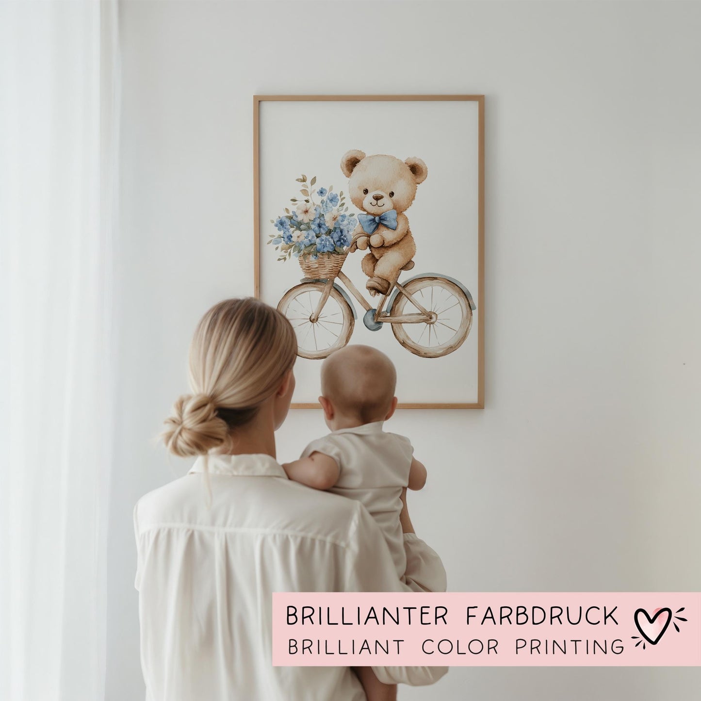 Poster Bär auf Fahrrad Rosa mit Blumen mit Namen - Personalisiert ohne Namen für Kinderzimmer -Namensposter - Geschenkidee - Wanddeko kleinebuchstaben