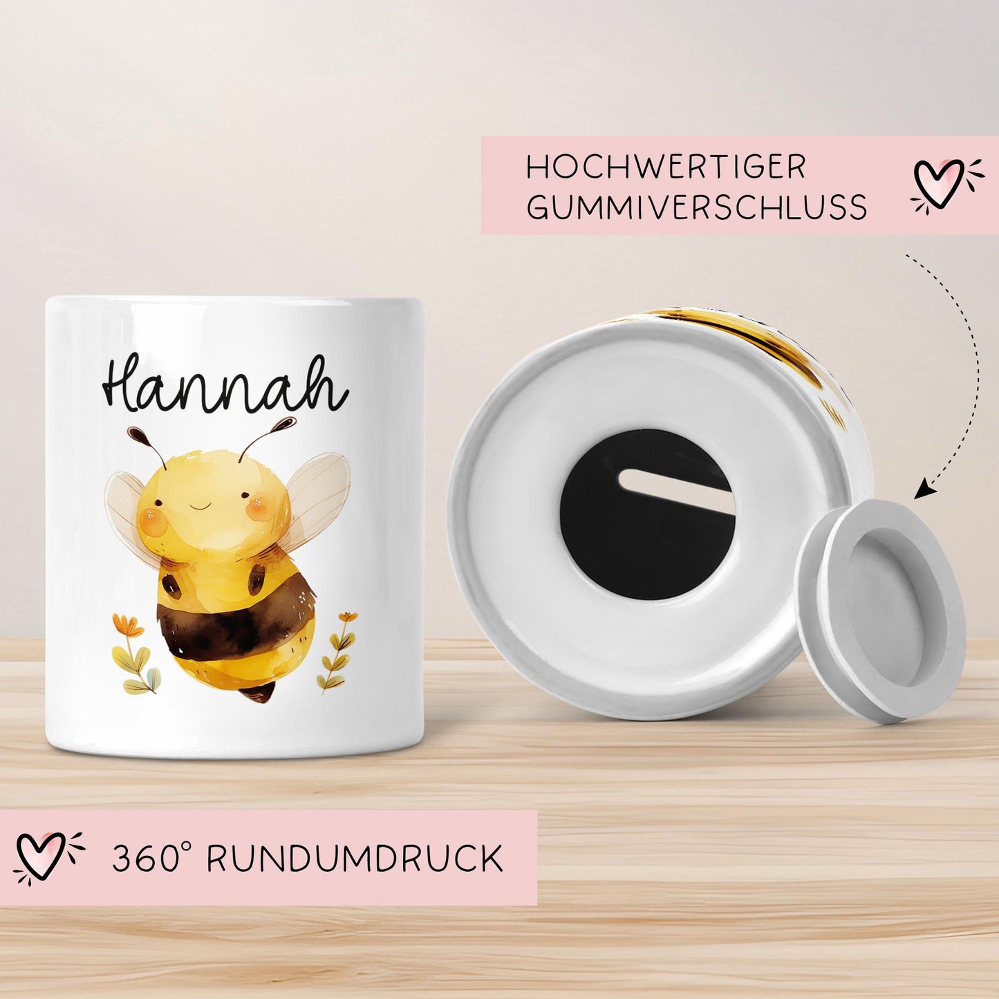 Personalisierte Kinder Spardose mit Namen aus Keramik - Schildkröte - Pinguin - Biene - Alpaka -Marienkäfer - Panda - Schnecke - Sonne kleinebuchstaben Biene
