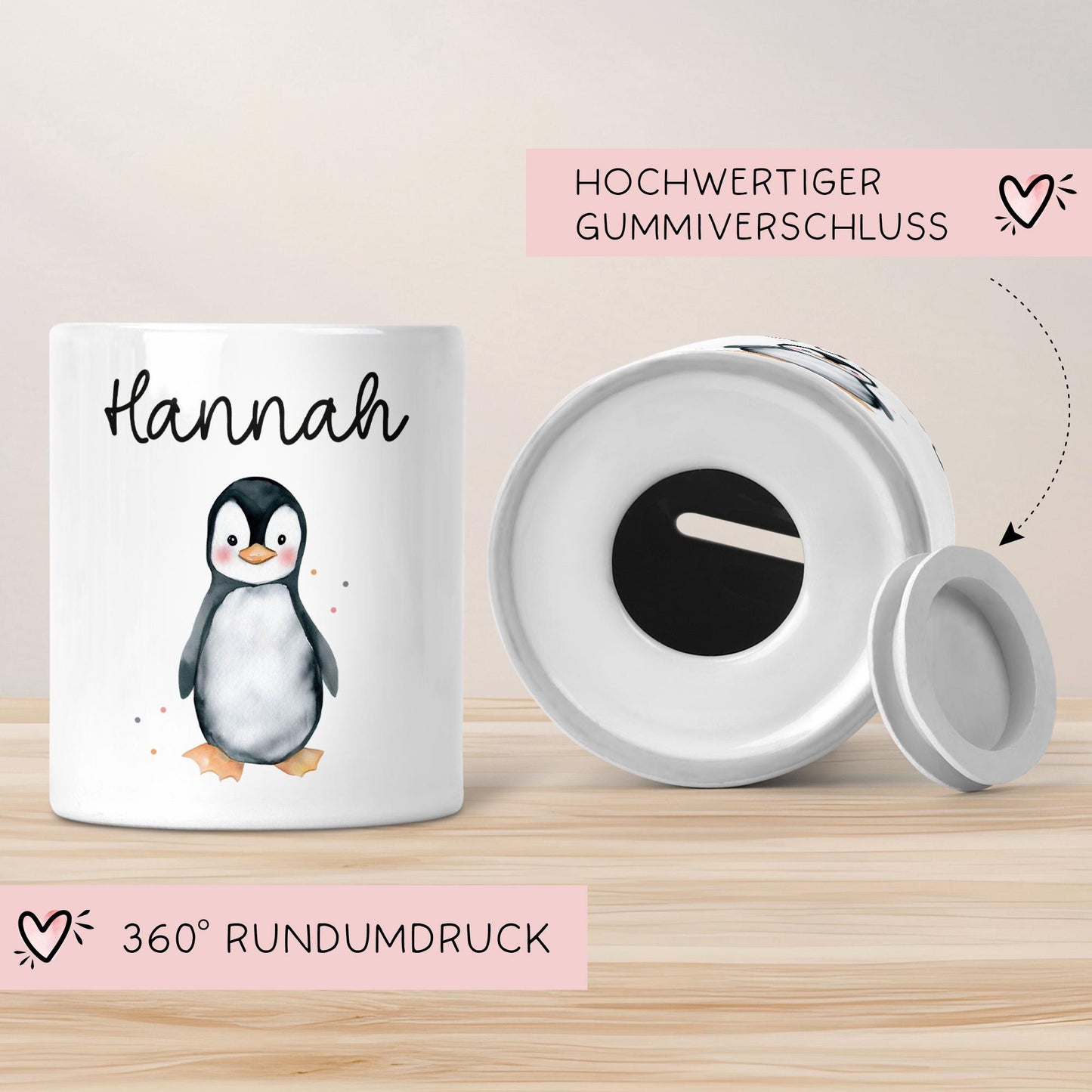 Personalisierte Kinder Spardose mit Namen aus Keramik - Schildkröte - Pinguin - Biene - Alpaka -Marienkäfer - Panda - Schnecke - Sonne kleinebuchstaben Pinguin