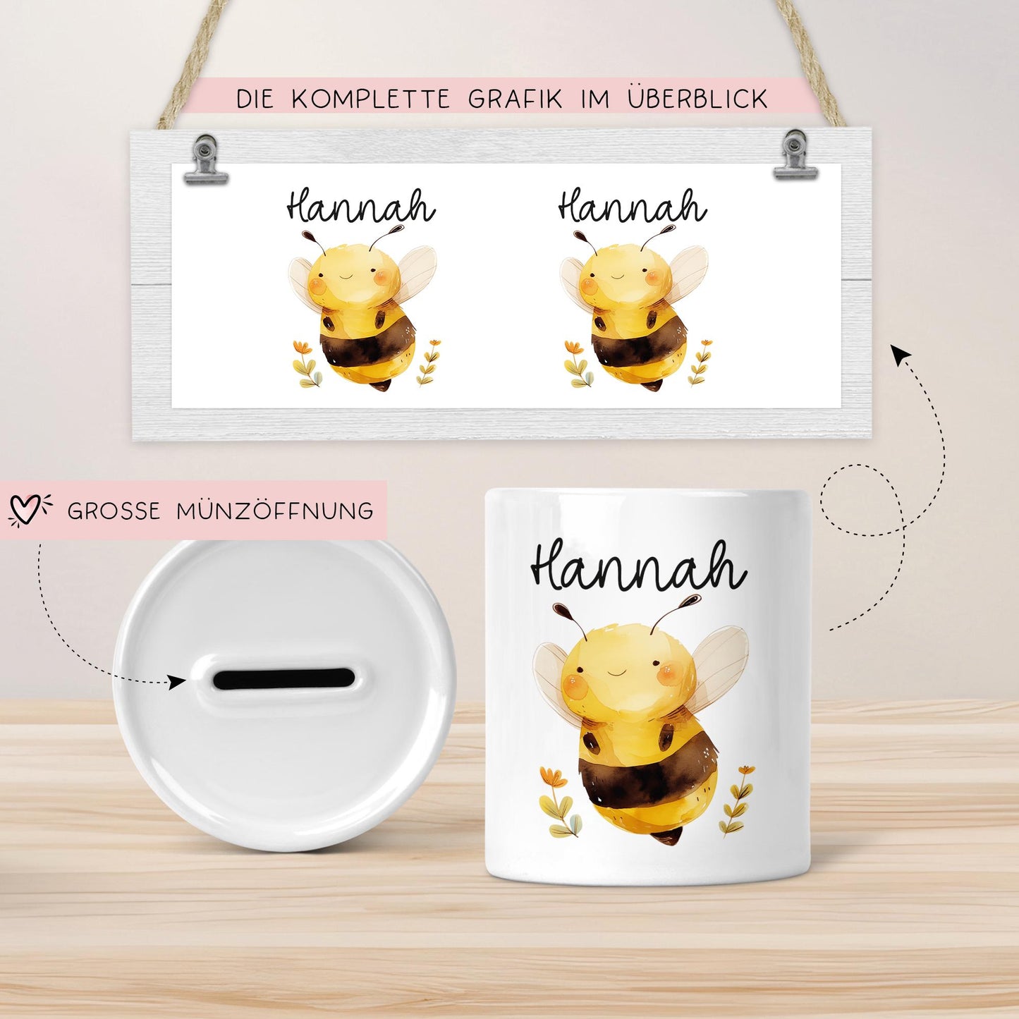 Spardose Biene Personalisiert aus Keramik mit Namen - Hummel - Geschenk für Junge & Mädchen zum Geburtstag Weihnachten Nikolaus Sparschwein kleinebuchstaben