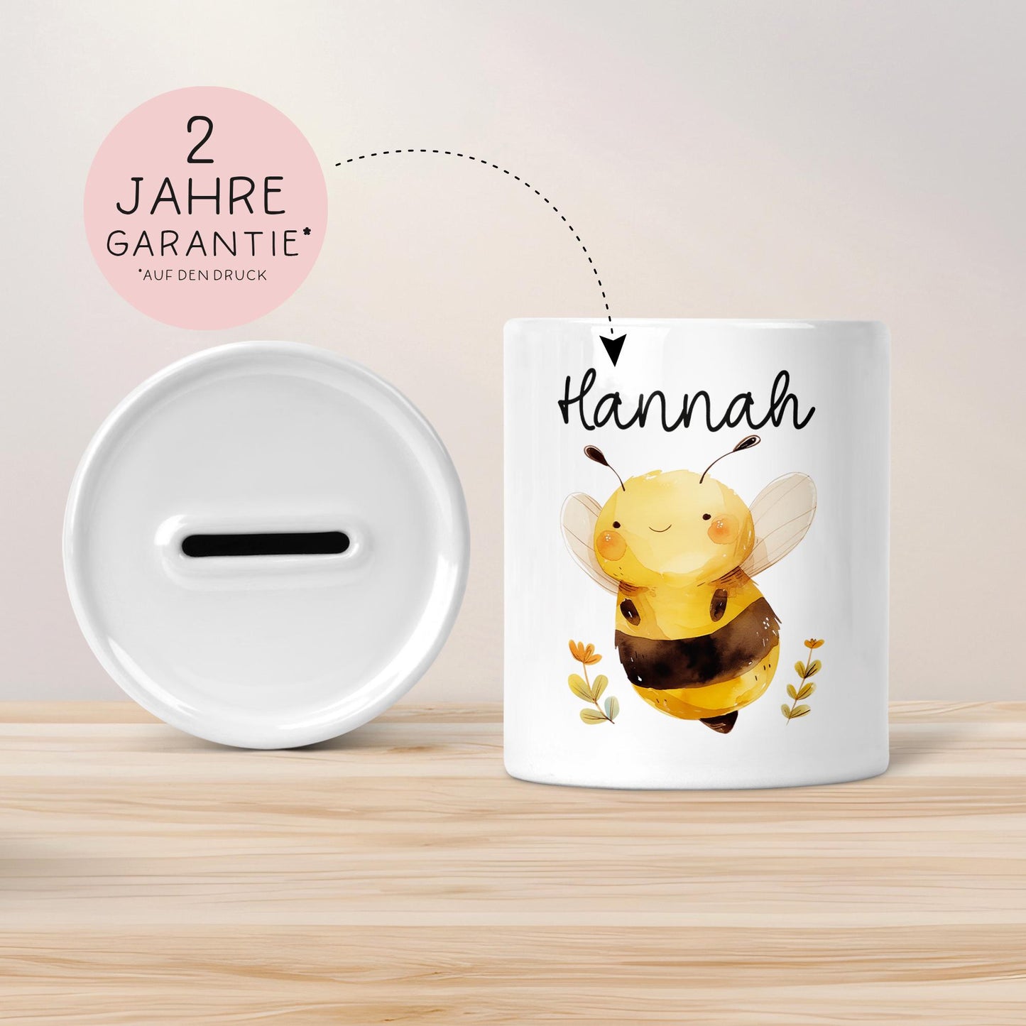 Spardose Biene Personalisiert aus Keramik mit Namen - Hummel - Geschenk für Junge & Mädchen zum Geburtstag Weihnachten Nikolaus Sparschwein kleinebuchstaben