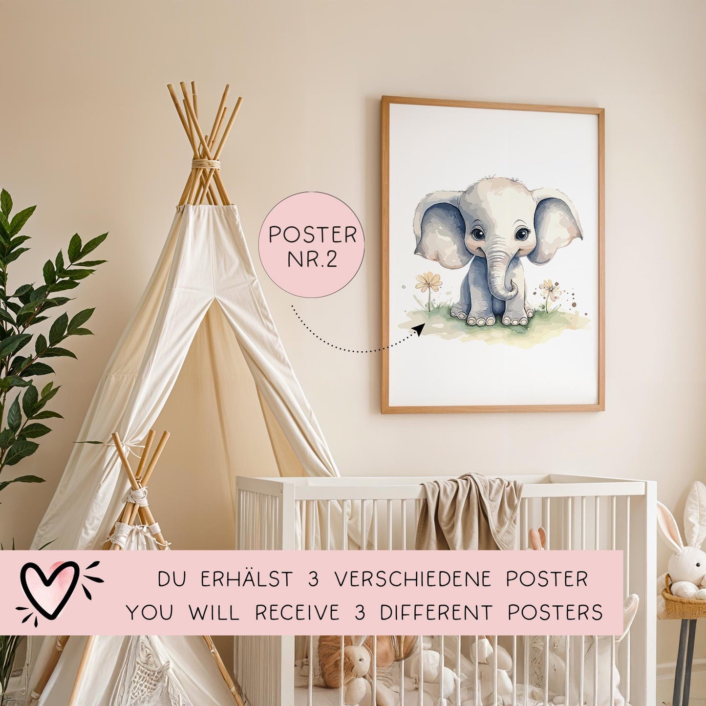 Wandbild 3er Wandposter Baby Zebra Elefant Tiger - Safari - Kinderzimmer - Tierposter - Kinderbild - Wanddeko - Sofort Download - Bilder kleinebuchstaben