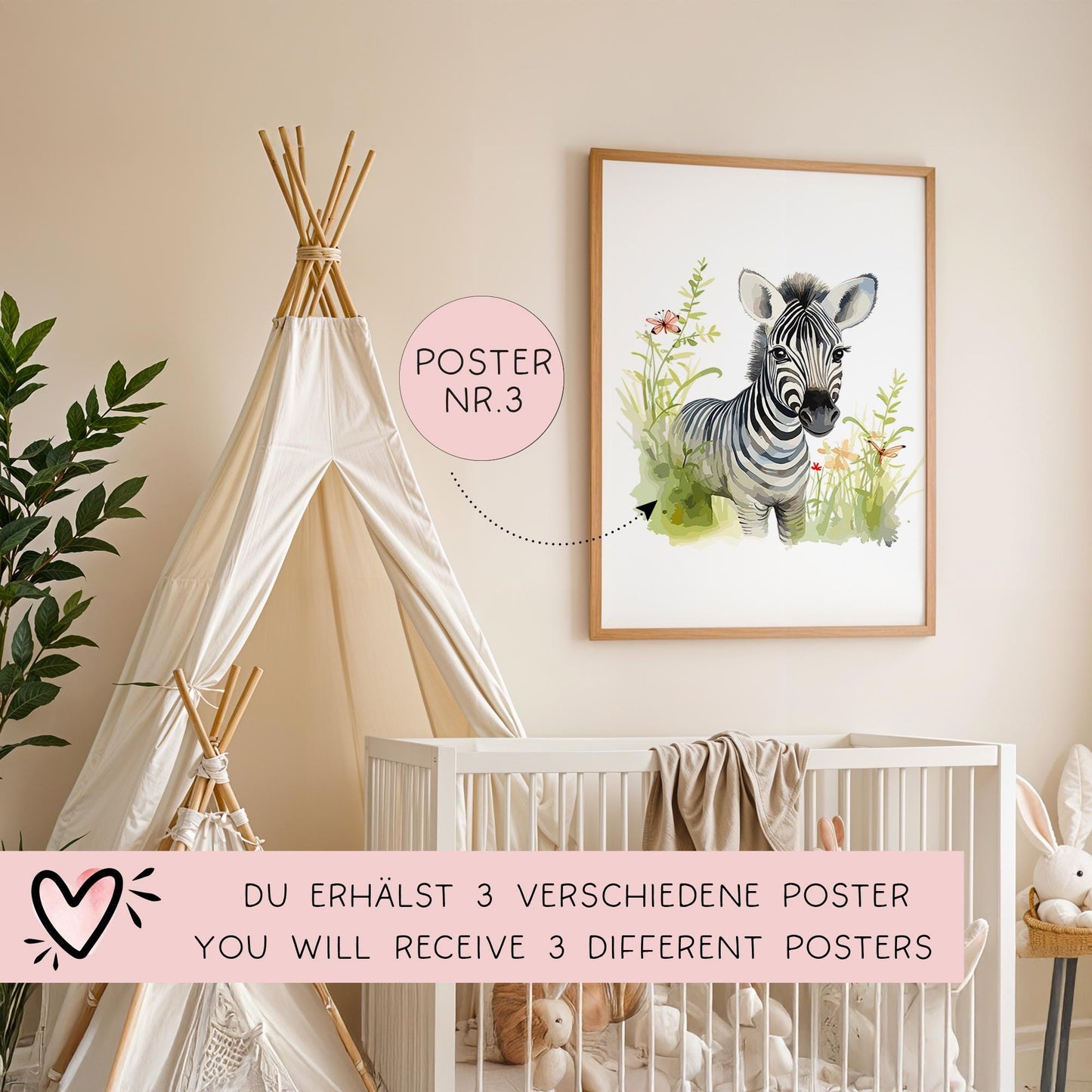 Wandbild 3er Wandposter Baby Zebra Elefant Tiger - Safari - Kinderzimmer - Tierposter - Kinderbild - Wanddeko - Sofort Download - Bilder kleinebuchstaben