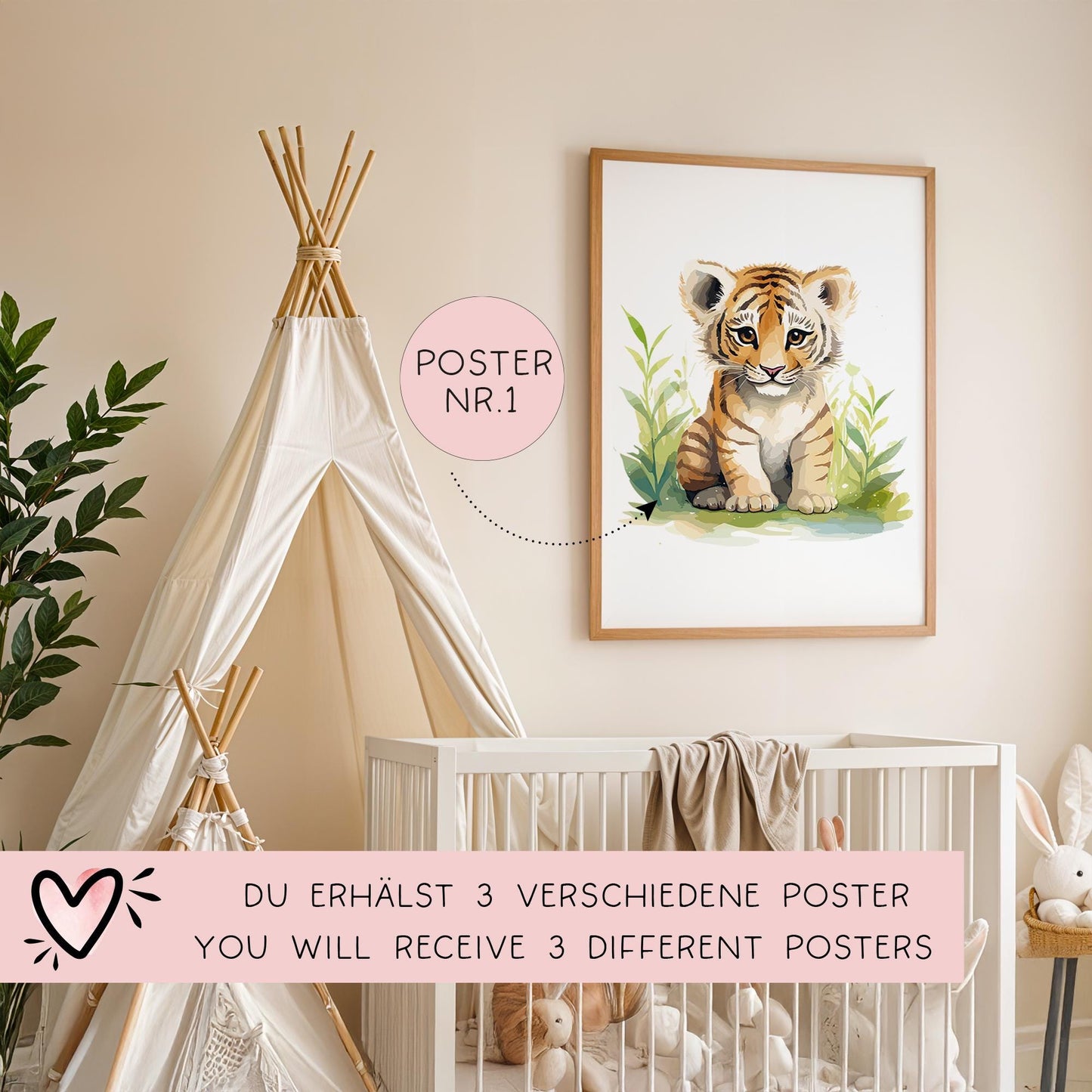 Wandbild 3er Wandposter Baby Zebra Elefant Tiger - Safari - Kinderzimmer - Tierposter - Kinderbild - Wanddeko - Sofort Download - Bilder kleinebuchstaben