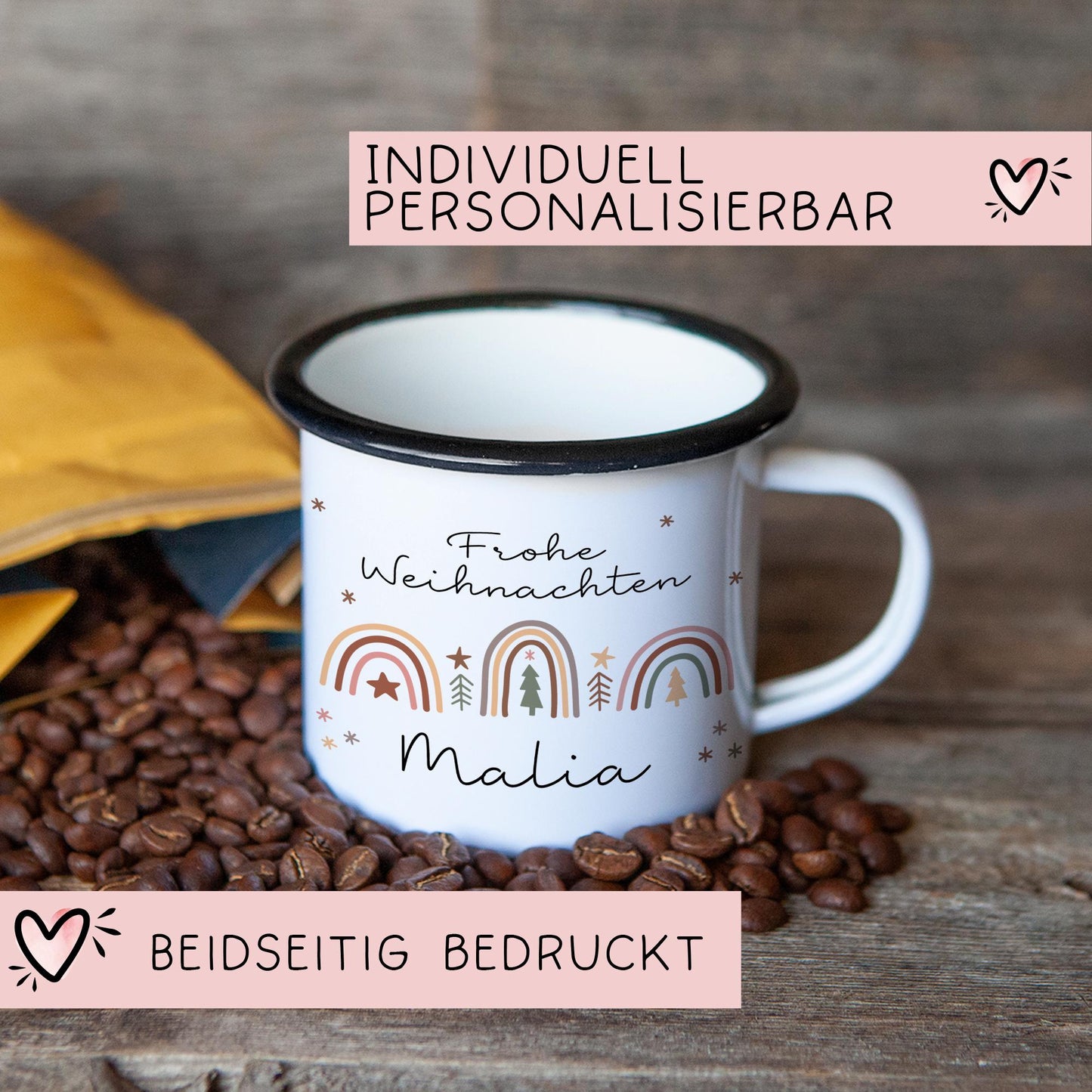Personalisierte Emaille Tasse Regenbogen - Becher - Weihnachten - Nikolaus - Namenstasse - Weihnachtstasse - Christmas Tasse Keramiktasse kleinebuchstaben