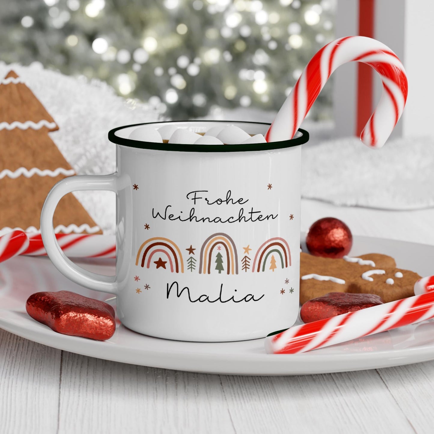 Personalisierte Emaille Tasse Regenbogen - Becher - Weihnachten - Nikolaus - Namenstasse - Weihnachtstasse - Christmas Tasse Keramiktasse kleinebuchstaben Randfarbe: Schwarz Schriftart 1