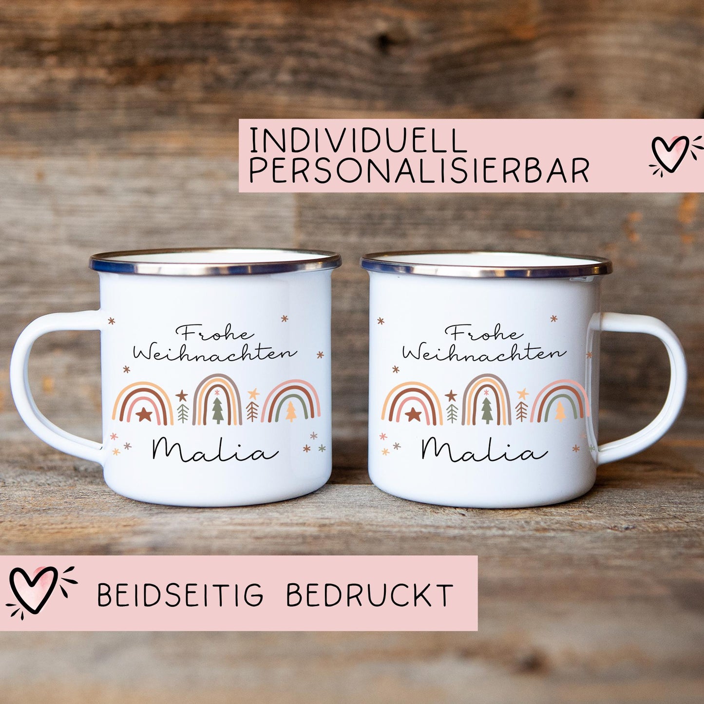 Personalisierte Emaille Tasse Regenbogen - Becher - Weihnachten - Nikolaus - Namenstasse - Weihnachtstasse - Christmas Tasse Keramiktasse kleinebuchstaben
