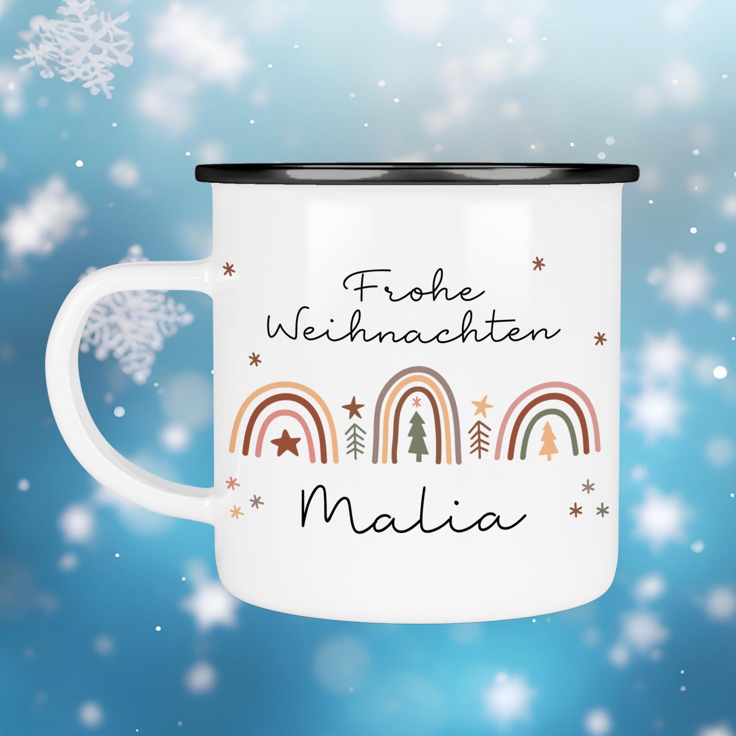 Personalisierte Emaille Tasse Regenbogen - Becher - Weihnachten - Nikolaus - Namenstasse - Weihnachtstasse - Christmas Tasse Keramiktasse kleinebuchstaben