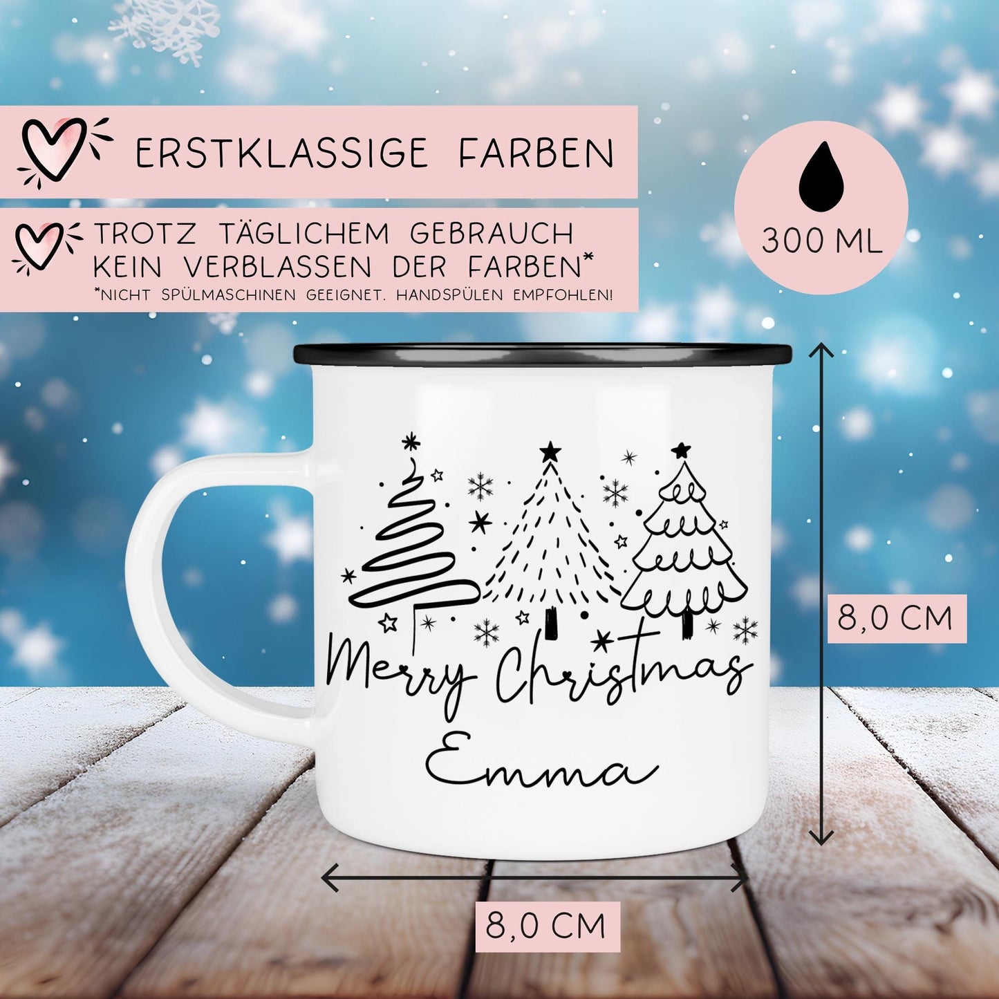 Personalisierte Emaille Tasse Merry Christmas - Becher - Weihnachten - Nikolaus - Namenstasse - Weihnachtstasse - Weihnachtsbecher - Tasse kleinebuchstaben