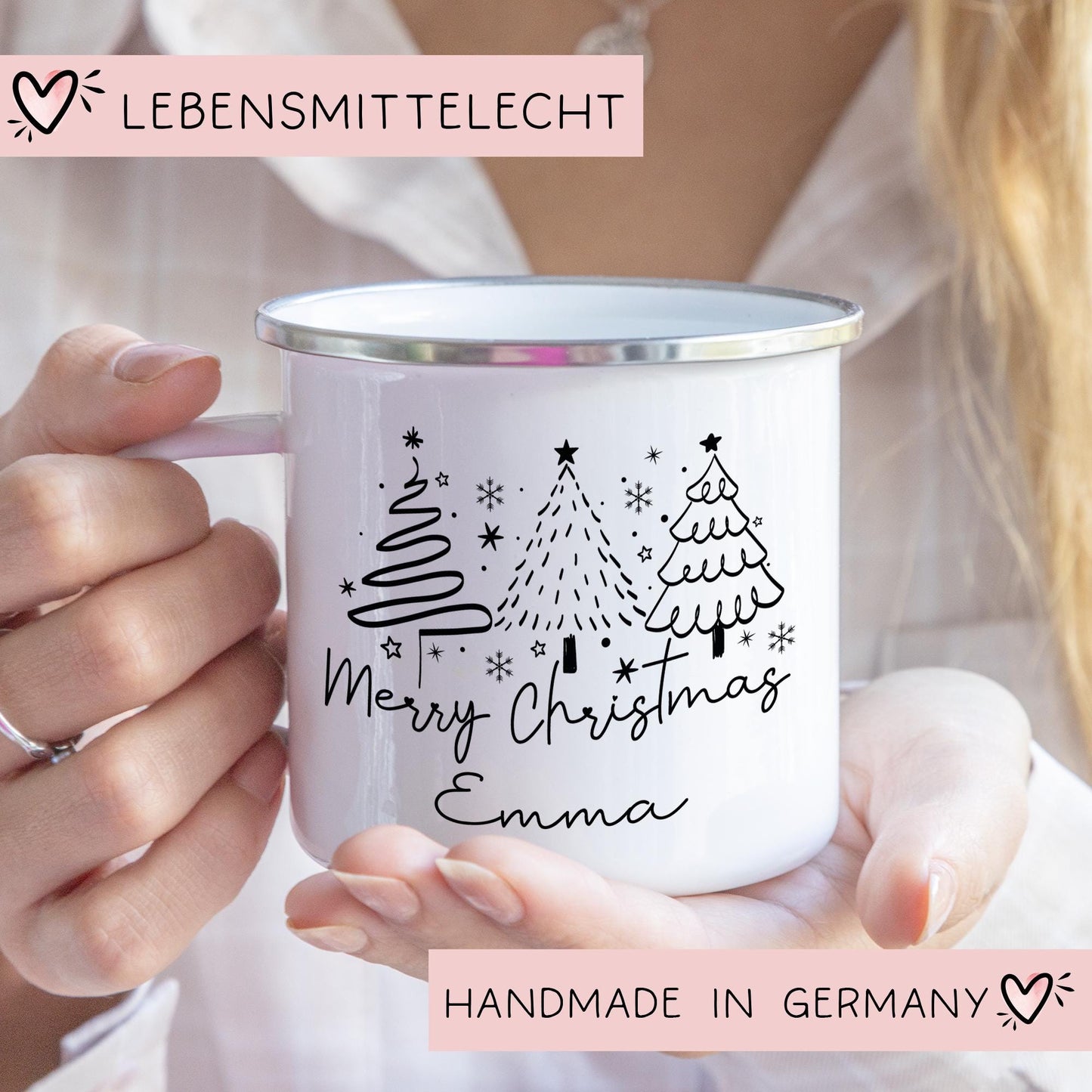 Personalisierte Emaille Tasse Merry Christmas - Becher - Weihnachten - Nikolaus - Namenstasse - Weihnachtstasse - Weihnachtsbecher - Tasse kleinebuchstaben Randfarbe: Silber Schriftart 1