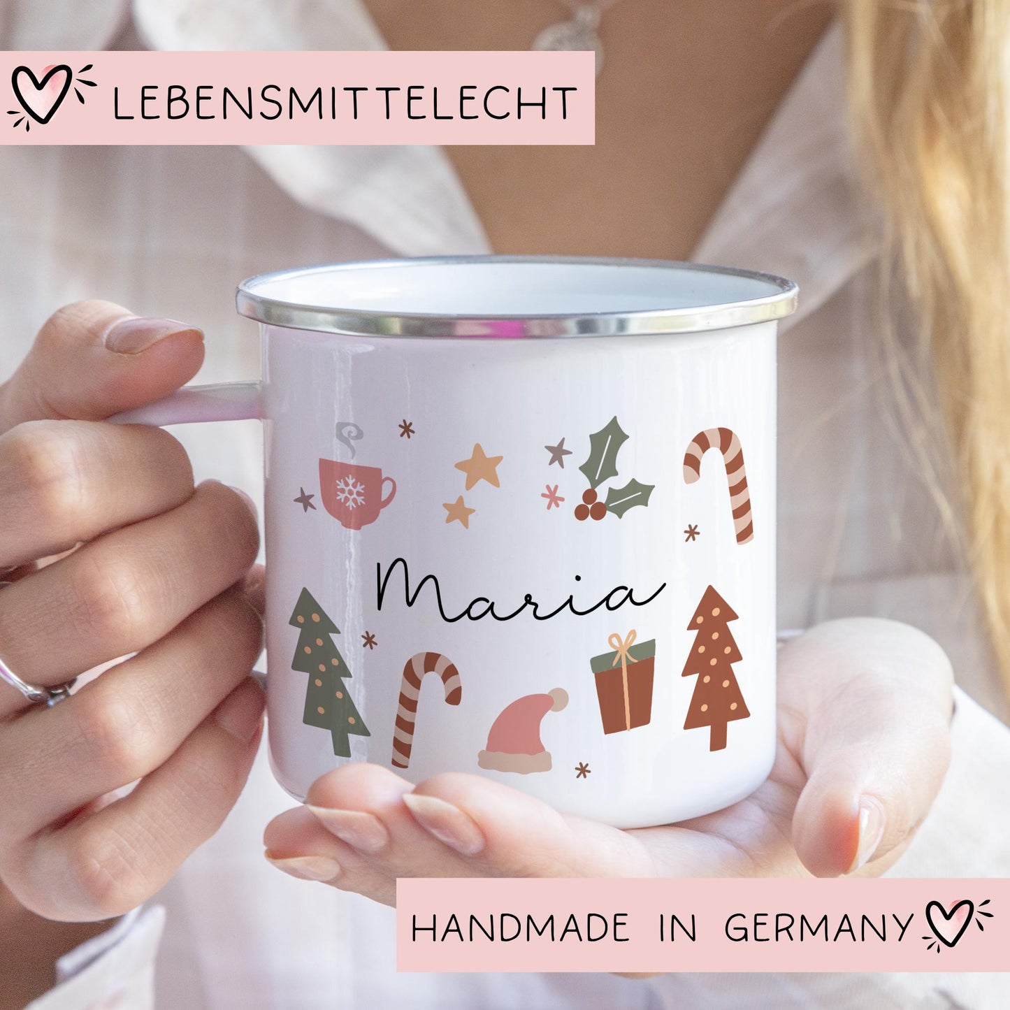 Personalisierte Weihnachten Emaille Tasse - Becher - Weihnachten - Nikolaus - Namenstasse - Weihnachtstasse - Weihnachtsbecher - Tasse kleinebuchstaben Randfarbe: Silber Schriftart 1