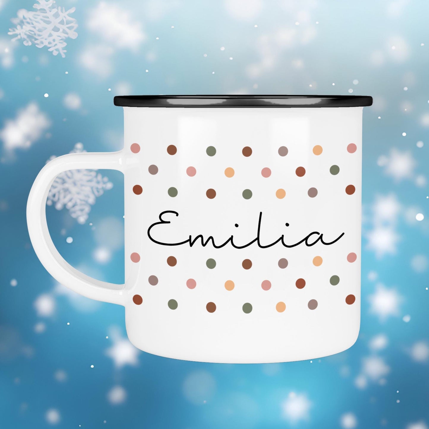 Weihnachten Nikolaus Emaille Tasse - Becher - Wunschnamen - Namenstasse - Weihnachtstasse - Weihnachtsbecher - Tasse - Papa - Mama - Oma kleinebuchstaben Randfarbe: Schwarz Schriftart 1