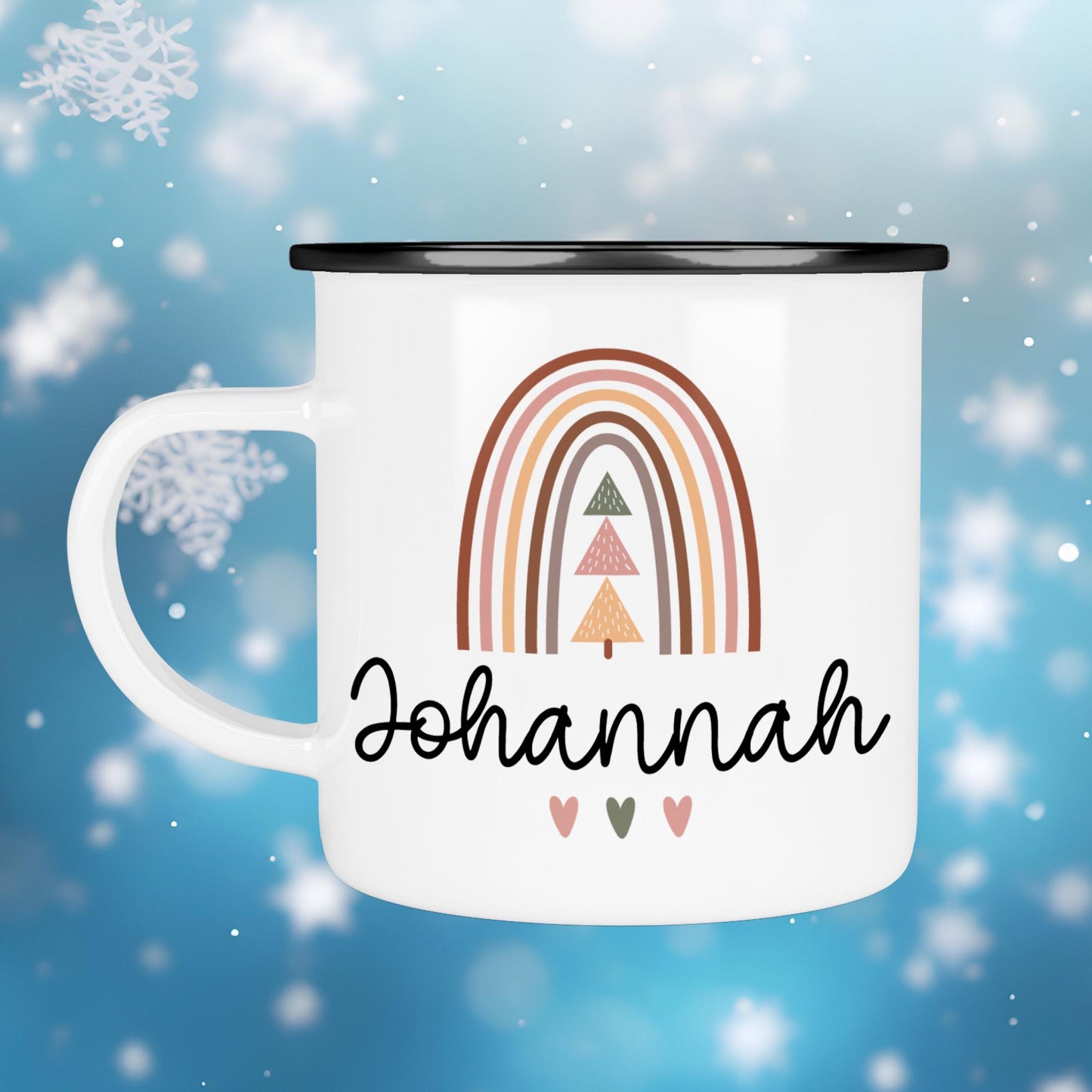 Nikolaus Weihnachten Emaille Tasse - Becher - Personalisiert - Namenstasse - Weihnachtstasse - Weihnachtsbecher - Tasse - Papa - Mama - Oma kleinebuchstaben Randfarbe: Schwarz Schriftart 1