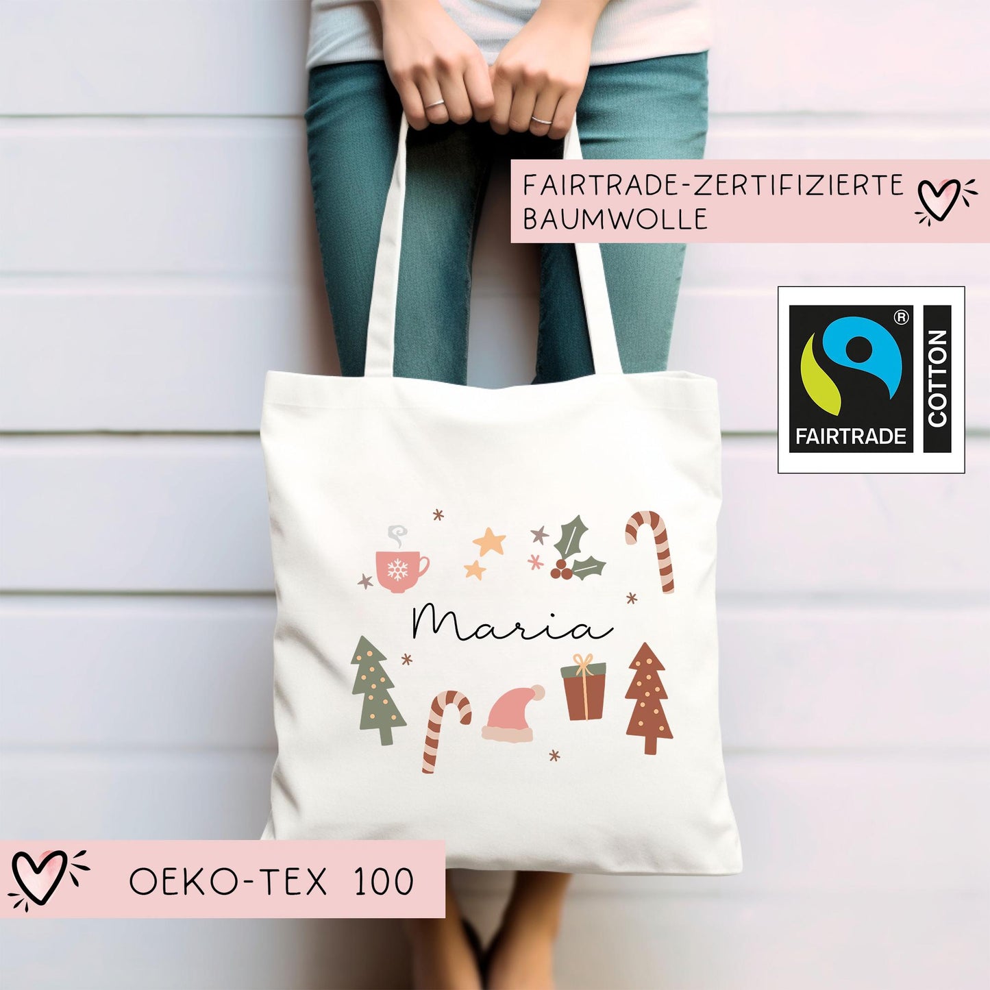 Stofftasche Weihnachten mit Namen - Personalisiert - Merry Christmas - Geschenktasche - Geschenk - Wunschname - Einkaufstasche - Nikolaus kleinebuchstaben