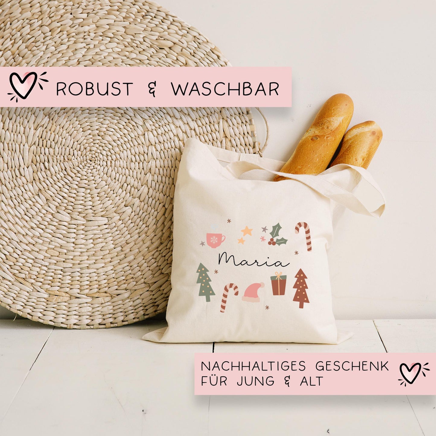 Stofftasche Weihnachten mit Namen - Personalisiert - Merry Christmas - Geschenktasche - Geschenk - Wunschname - Einkaufstasche - Nikolaus kleinebuchstaben