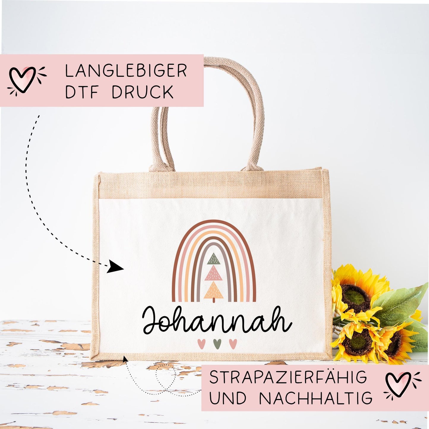 Tasche Weihnachten Personalisiert Nikolaus - Jute Pocket Tasche - Wunschnamen - Regenbogen - Geschenktasche für Kleinigkeiten zu Weihnachten kleinebuchstaben