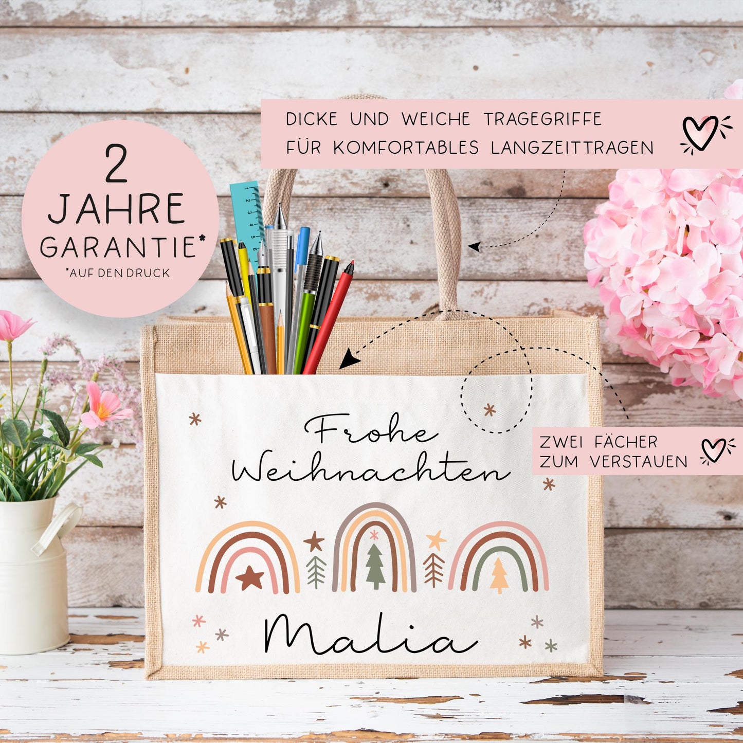 Weihnachten Tasche Personalisiert Nikolaus - Jute Pocket Tasche - Wunschnamen - Regenbogen - Geschenktasche für Kleinigkeiten zu Weihnachten kleinebuchstaben