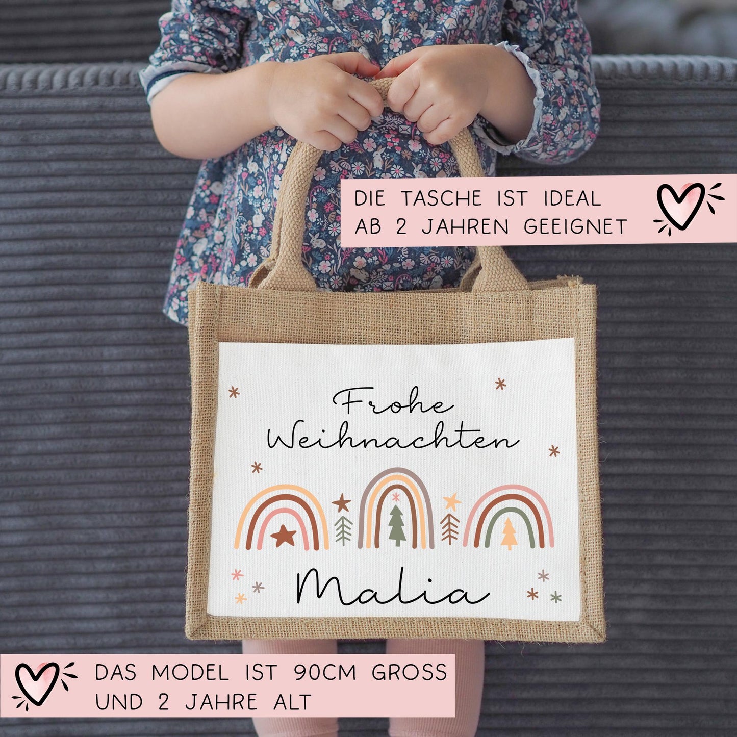 Weihnachten Tasche Personalisiert Nikolaus - Jute Pocket Tasche - Wunschnamen - Regenbogen - Geschenktasche für Kleinigkeiten zu Weihnachten kleinebuchstaben