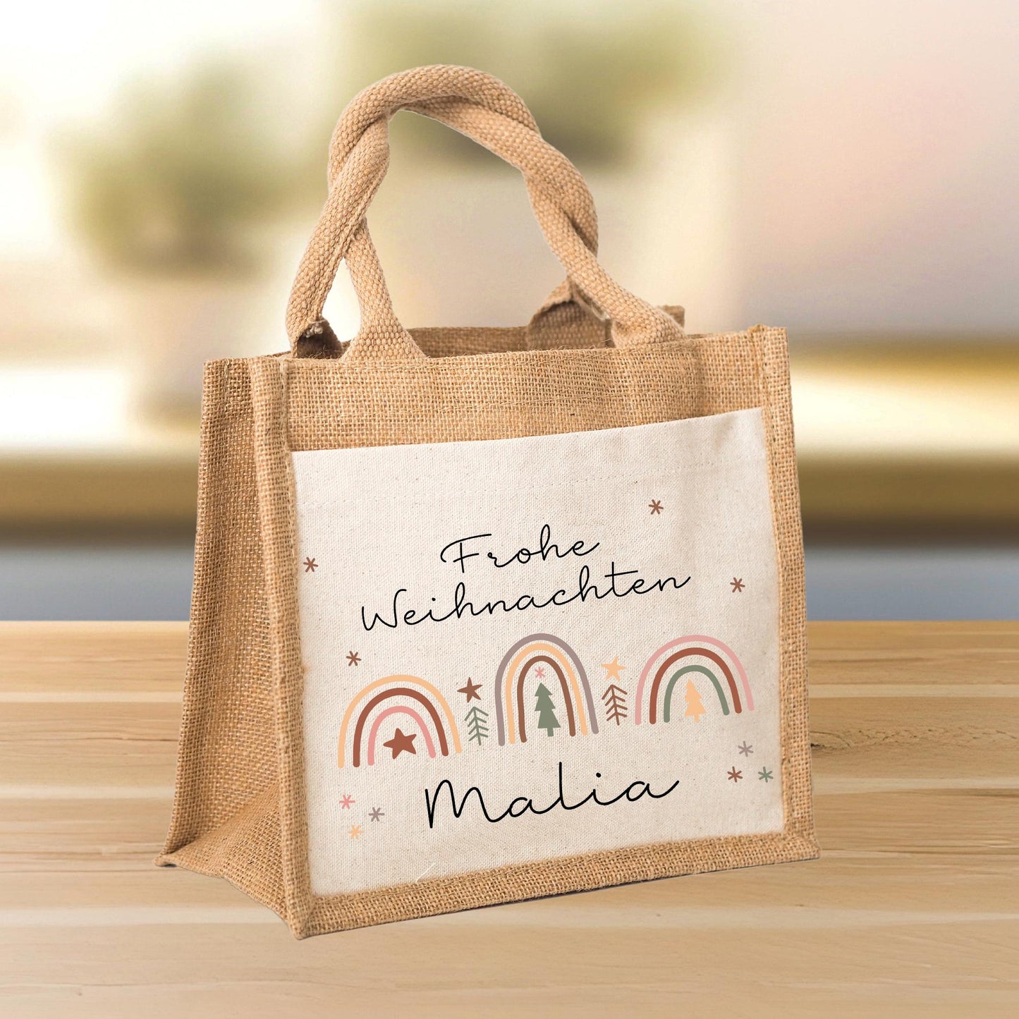 Weihnachten Tasche Personalisiert Nikolaus - Jute Pocket Tasche - Wunschnamen - Regenbogen - Geschenktasche für Kleinigkeiten zu Weihnachten kleinebuchstaben