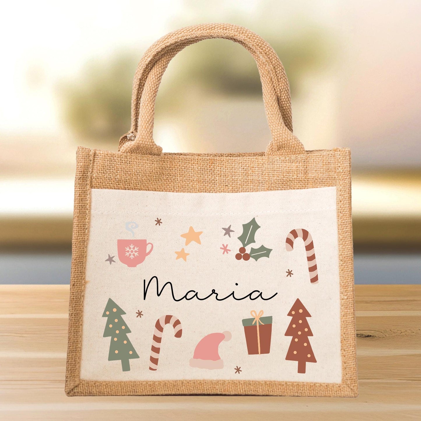 Weihnachten Jute Pocket Tasche Personalisiert Nikolaus - Wunschnamen - Tannenbäume - Geschenktasche für Kleinigkeiten zu Weihnachten Mama kleinebuchstaben Pocket Tasche Schriftart 1