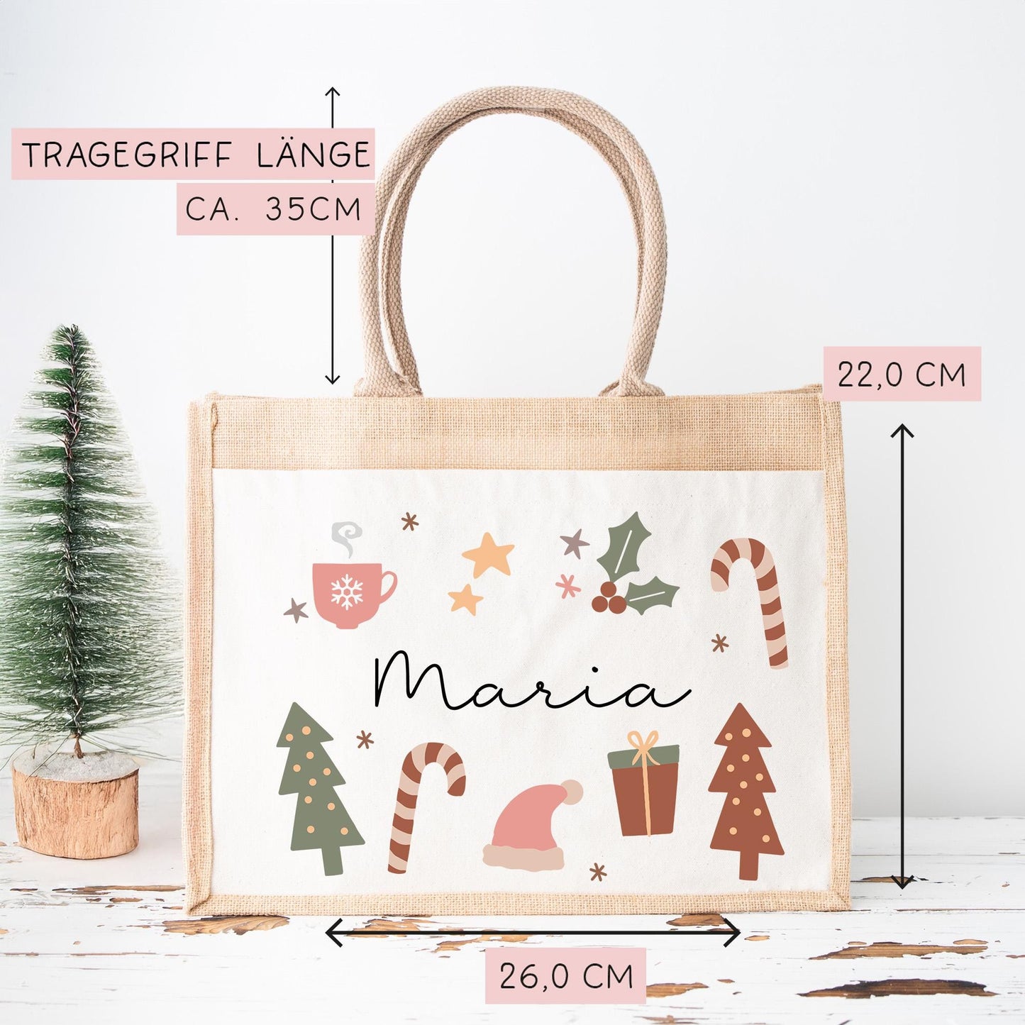 Weihnachten Jute Pocket Tasche Personalisiert Nikolaus - Wunschnamen - Tannenbäume - Geschenktasche für Kleinigkeiten zu Weihnachten Mama kleinebuchstaben