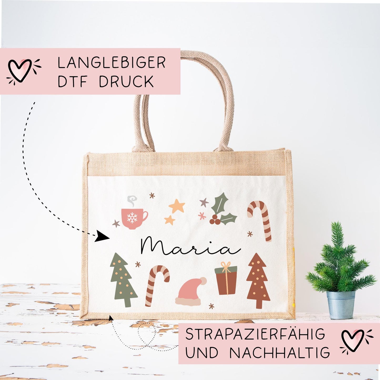 Weihnachten Jute Pocket Tasche Personalisiert Nikolaus - Wunschnamen - Tannenbäume - Geschenktasche für Kleinigkeiten zu Weihnachten Mama kleinebuchstaben