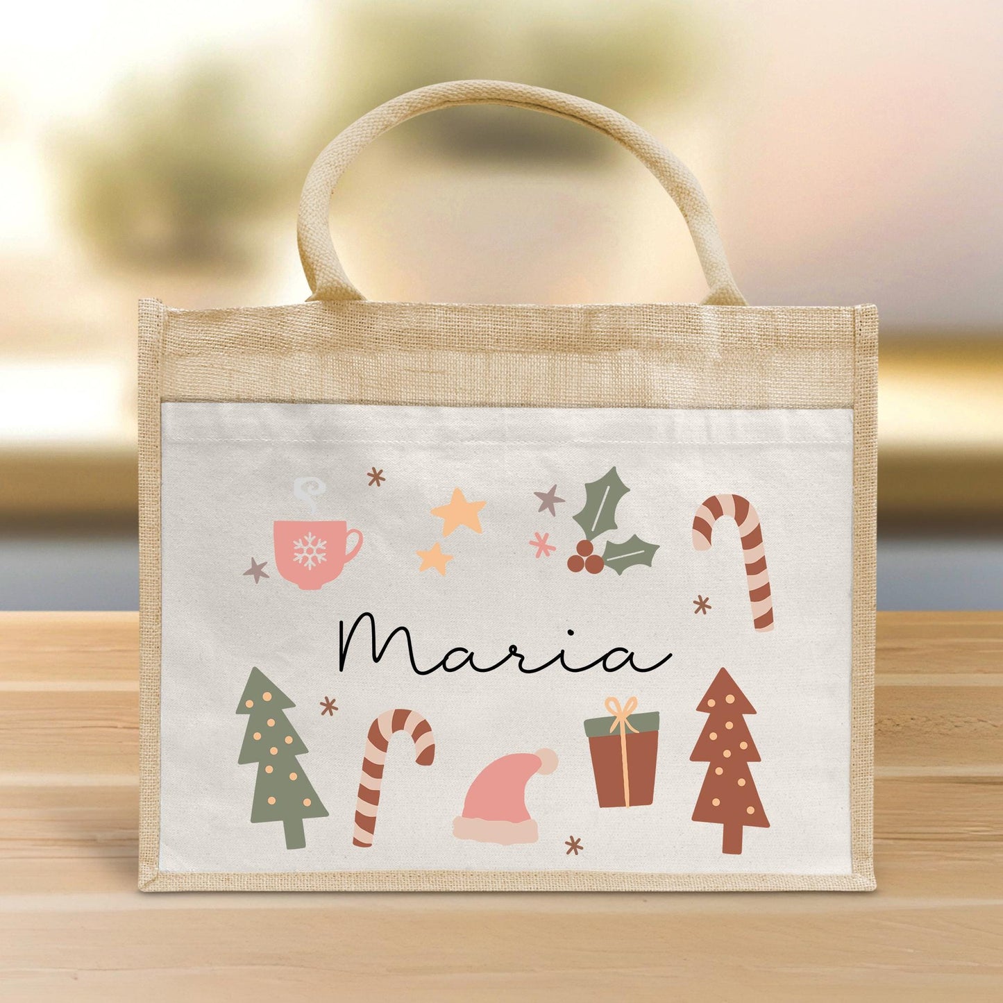 Weihnachten Jute Pocket Tasche Personalisiert Nikolaus - Wunschnamen - Tannenbäume - Geschenktasche für Kleinigkeiten zu Weihnachten Mama kleinebuchstaben