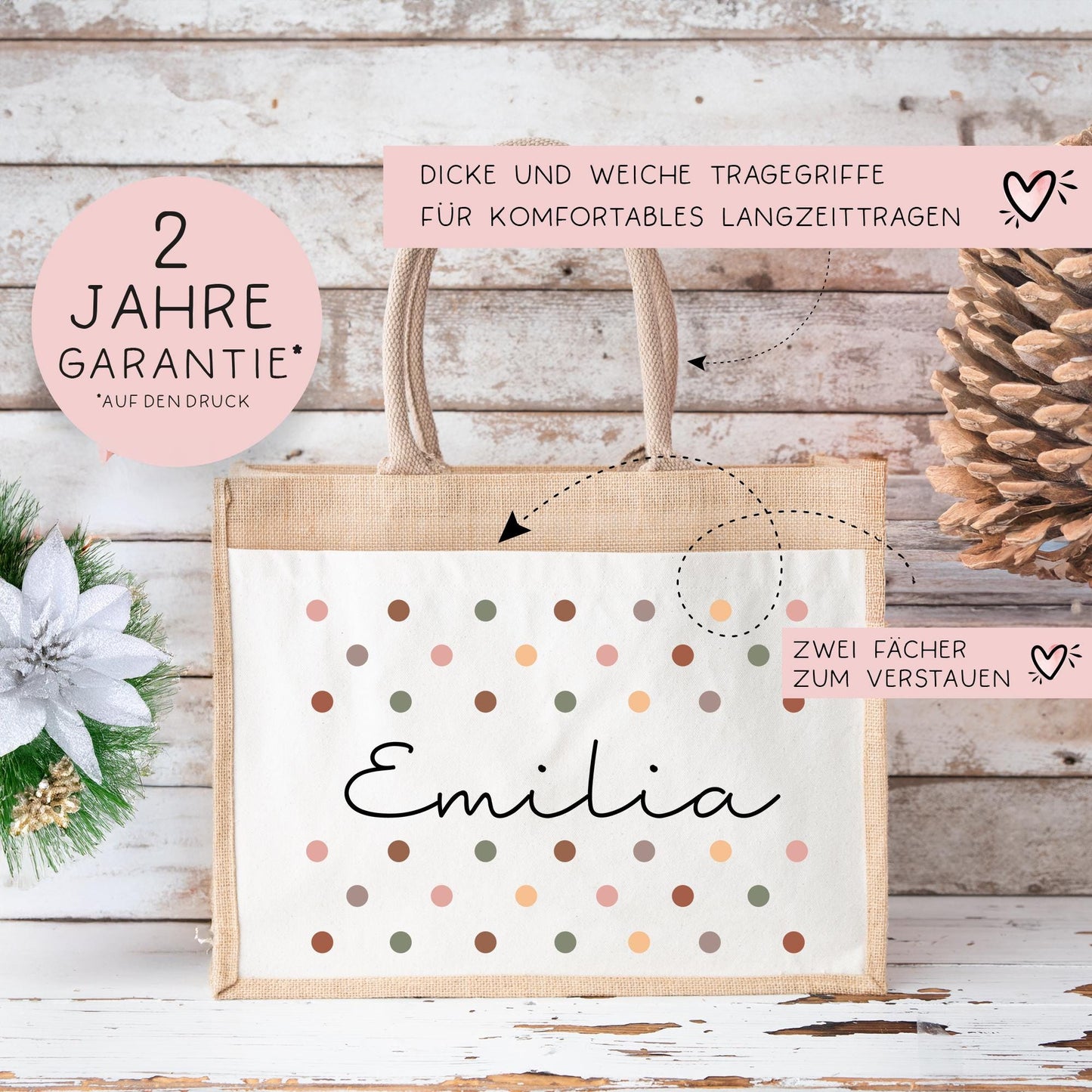 Jute Pocket Weihnachten Tasche Personalisiert Nikolaus - Wunschnamen - Punkte - Geschenktasche für Kleinigkeiten zu Weihnachten Mama Oma Opa kleinebuchstaben