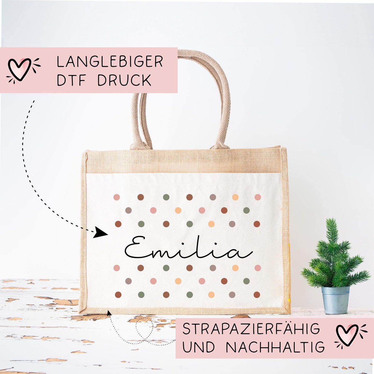 Jute Pocket Weihnachten Tasche Personalisiert Nikolaus - Wunschnamen - Punkte - Geschenktasche für Kleinigkeiten zu Weihnachten Mama Oma Opa kleinebuchstaben