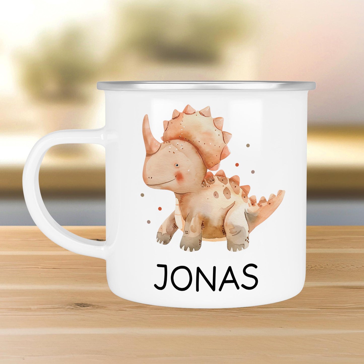 Personalisierte Emaille Tasse Becher Dinosaurier - Dino "Triceratops " mit Wunschnamen - Emailletasse für Kinder - Tasse personalisiert kleinebuchstaben Randfarbe: Silber Schriftart 1