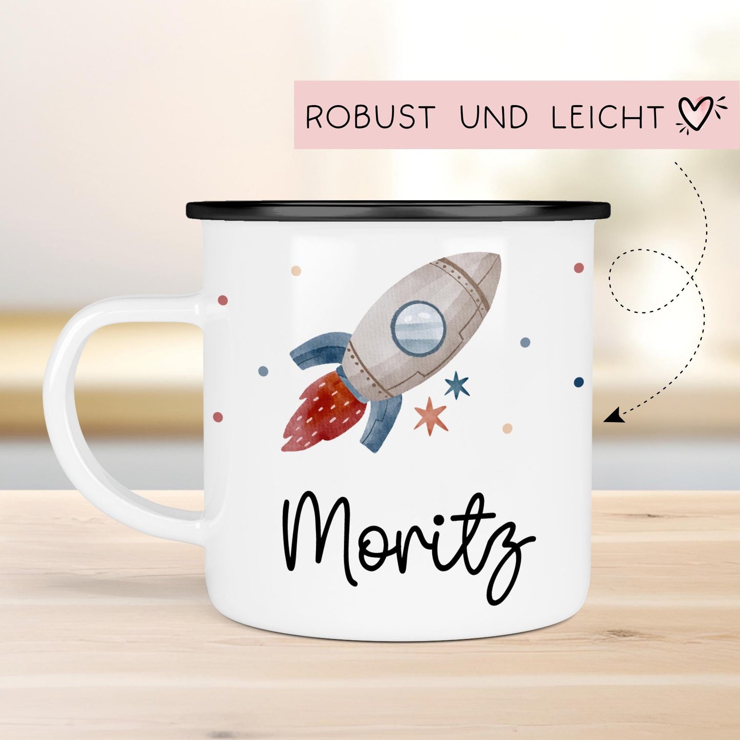 Rakete Emaille Tasse Personalisiert Becher mit Wunschnamen - Emailletasse für Kinder - Tasse personalisiert - Weihnachten - Geburtstag kleinebuchstaben