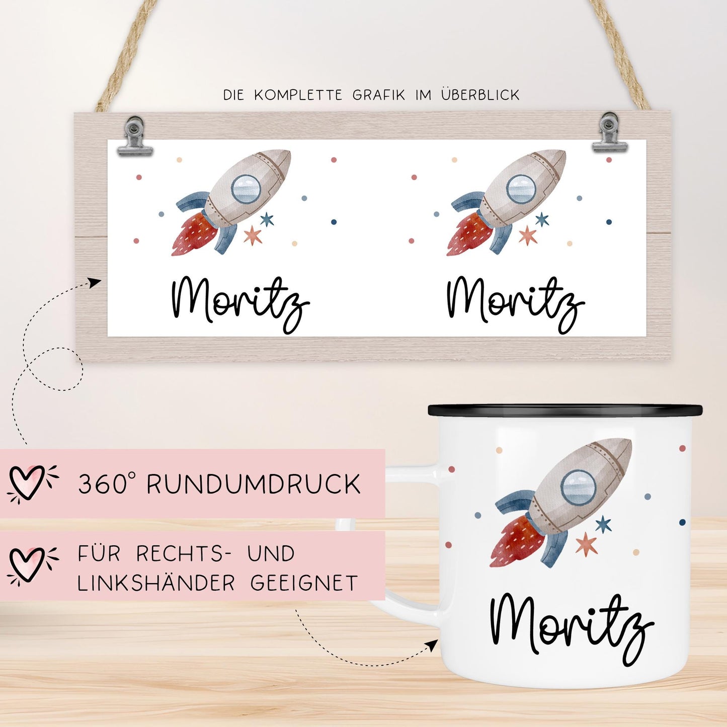 Rakete Emaille Tasse Personalisiert Becher mit Wunschnamen - Emailletasse für Kinder - Tasse personalisiert - Weihnachten - Geburtstag kleinebuchstaben