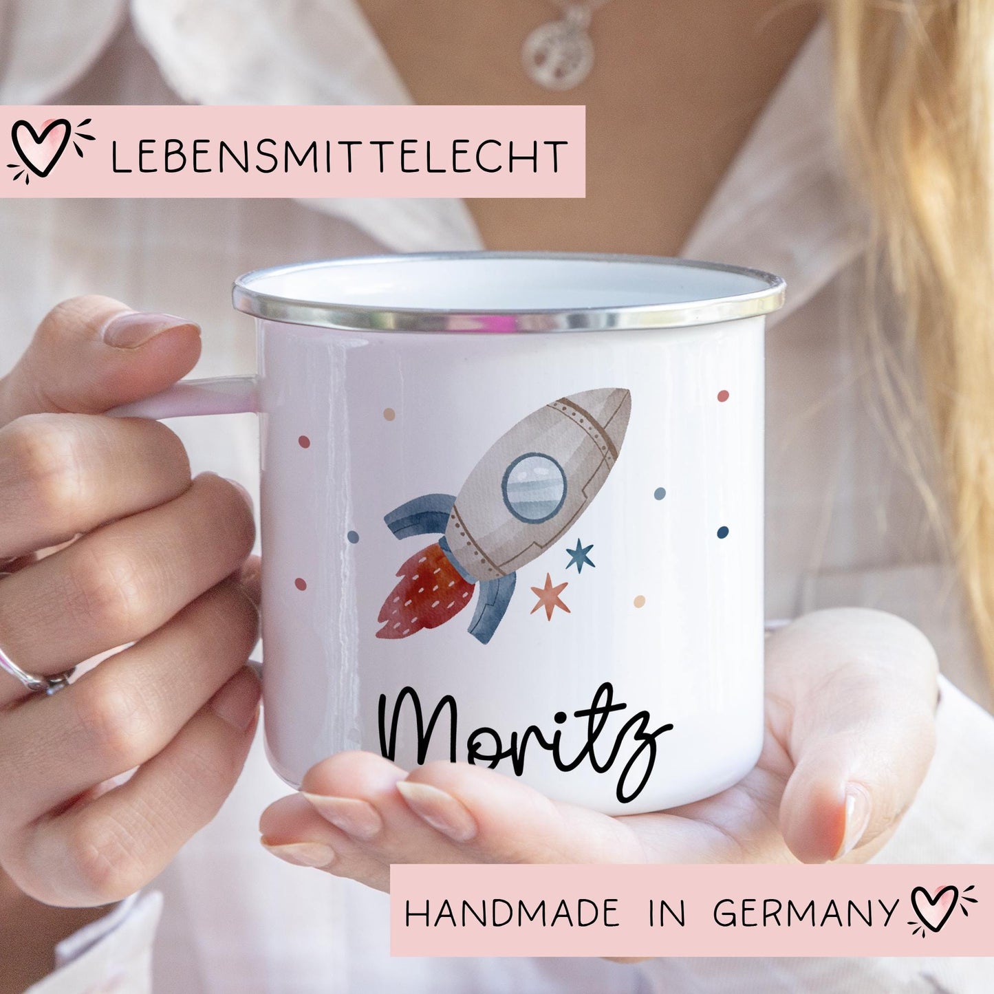 Rakete Emaille Tasse Personalisiert Becher mit Wunschnamen - Emailletasse für Kinder - Tasse personalisiert - Weihnachten - Geburtstag kleinebuchstaben
