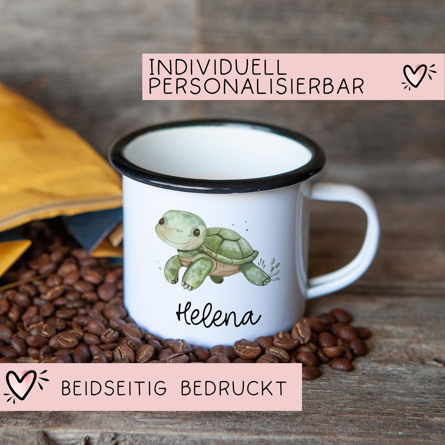 Schildkröte Emaille Tasse Personalisiert Becher mit Wunschnamen - Emailletasse für Kinder - Tasse personalisiert - Weihnachten - Geburtstag kleinebuchstaben