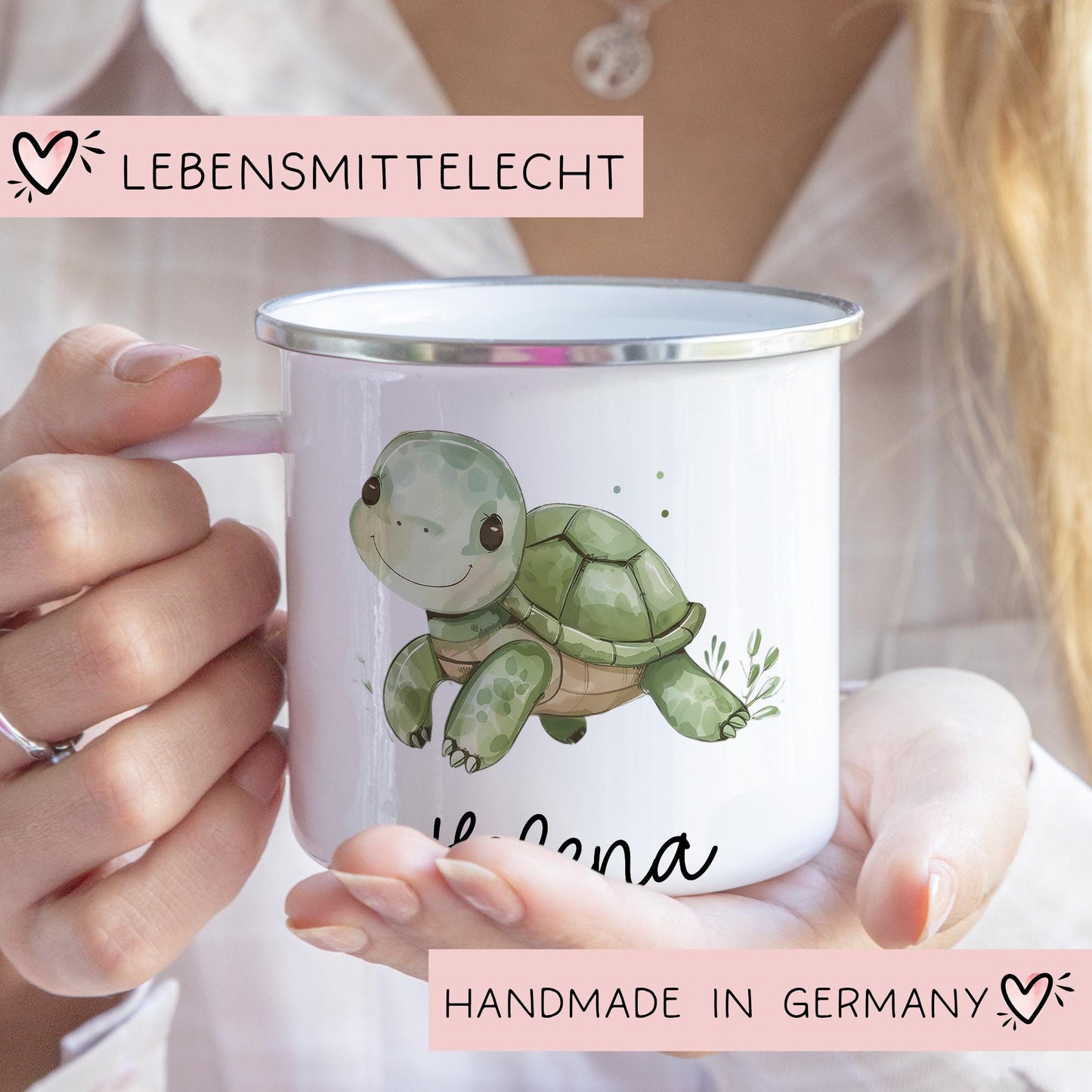 Schildkröte Emaille Tasse Personalisiert Becher mit Wunschnamen - Emailletasse für Kinder - Tasse personalisiert - Weihnachten - Geburtstag kleinebuchstaben