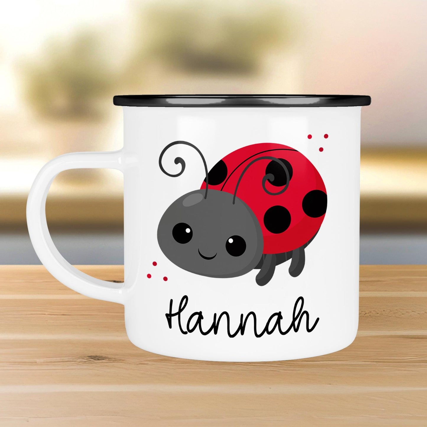 Marienkäfer Emaille Tasse Personalisiert Becher mit Wunschnamen - Emailletasse für Kinder - Tasse personalisiert - Weihnachten - Geburtstag kleinebuchstaben Randfarbe: Schwarz Schriftart 1