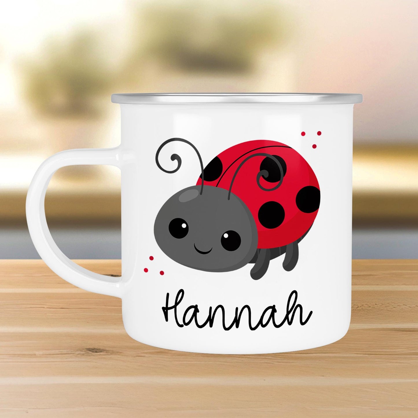Marienkäfer Emaille Tasse Personalisiert Becher mit Wunschnamen - Emailletasse für Kinder - Tasse personalisiert - Weihnachten - Geburtstag kleinebuchstaben Randfarbe: Silber Schriftart 1