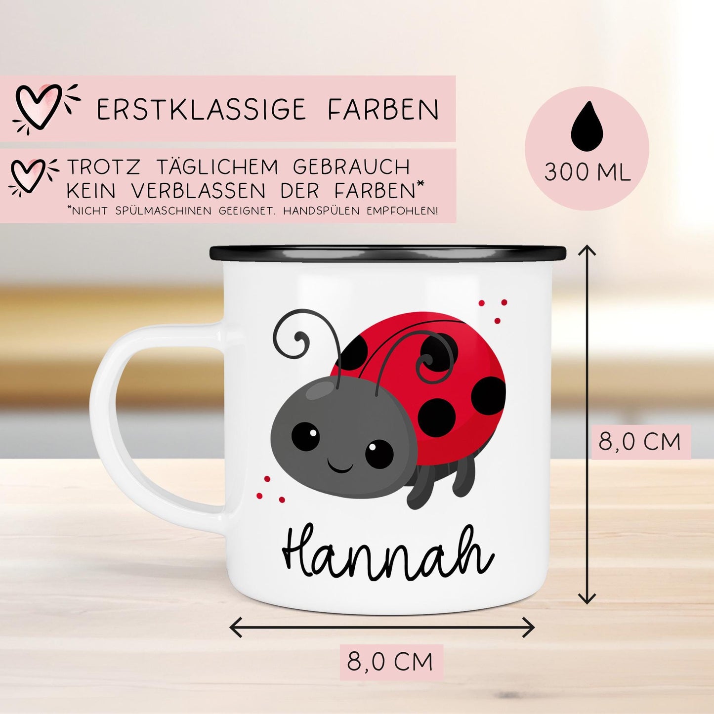 Marienkäfer Emaille Tasse Personalisiert Becher mit Wunschnamen - Emailletasse für Kinder - Tasse personalisiert - Weihnachten - Geburtstag kleinebuchstaben