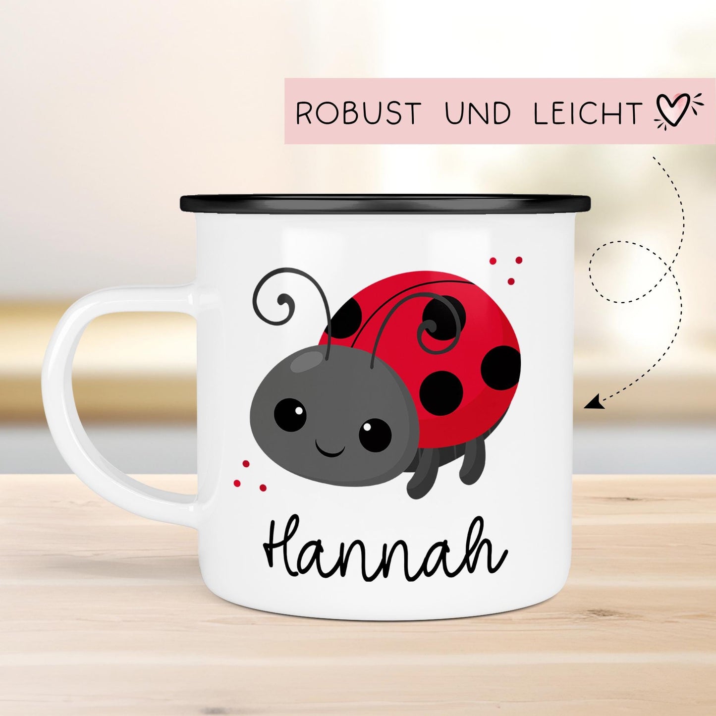 Marienkäfer Emaille Tasse Personalisiert Becher mit Wunschnamen - Emailletasse für Kinder - Tasse personalisiert - Weihnachten - Geburtstag kleinebuchstaben