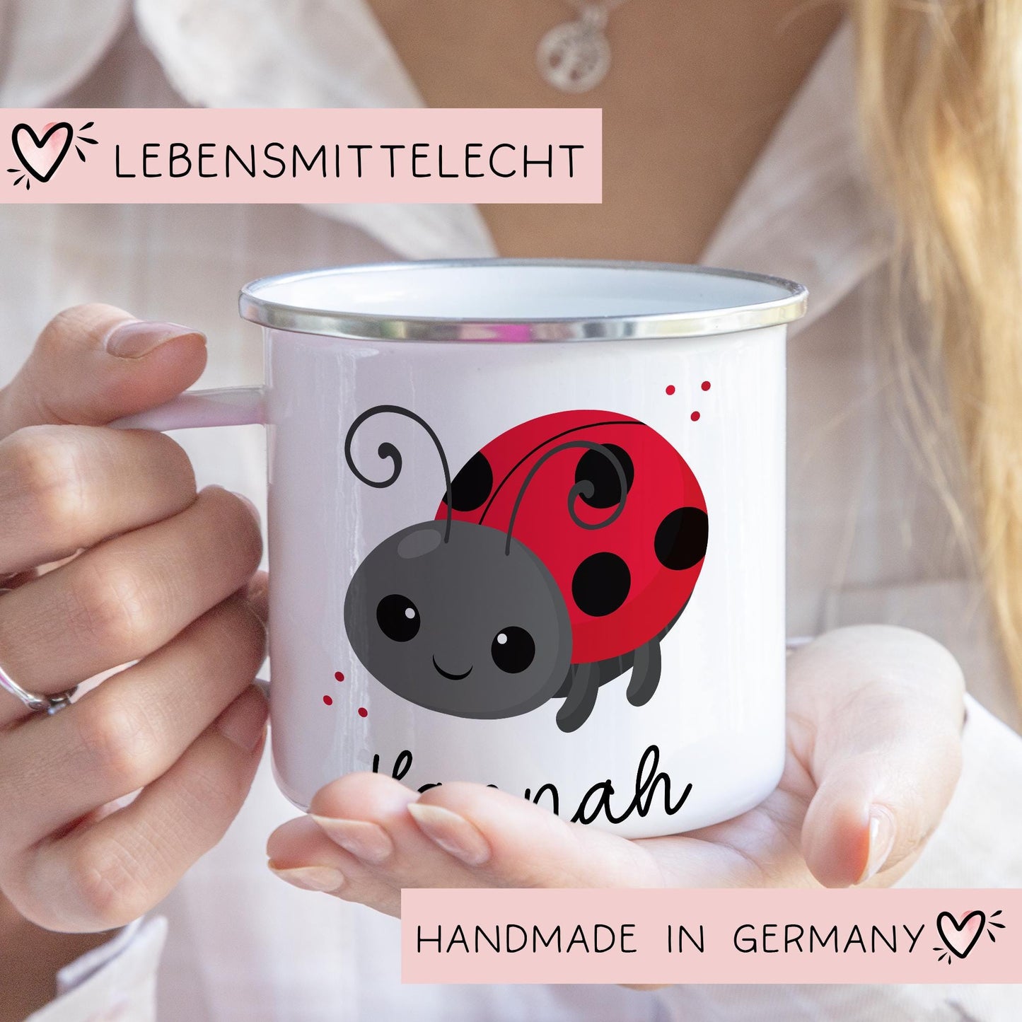 Marienkäfer Emaille Tasse Personalisiert Becher mit Wunschnamen - Emailletasse für Kinder - Tasse personalisiert - Weihnachten - Geburtstag kleinebuchstaben
