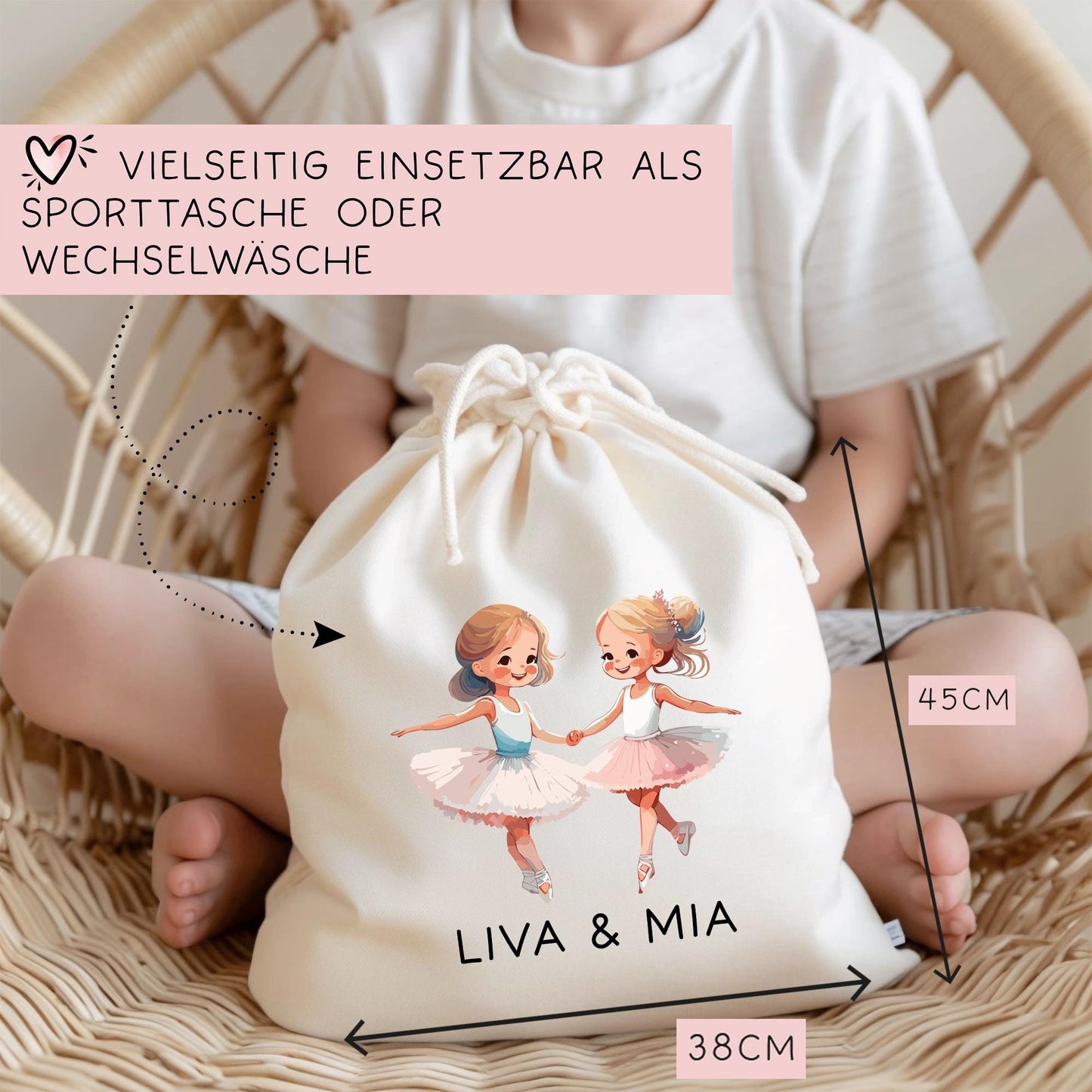 2 Ballerina Turnbeutel Stofftasche mit Namen personalisiert - Rucksack als Sportbeutel für Schule, Kindergarten - Sportbeutel - Schwester kleinebuchstaben