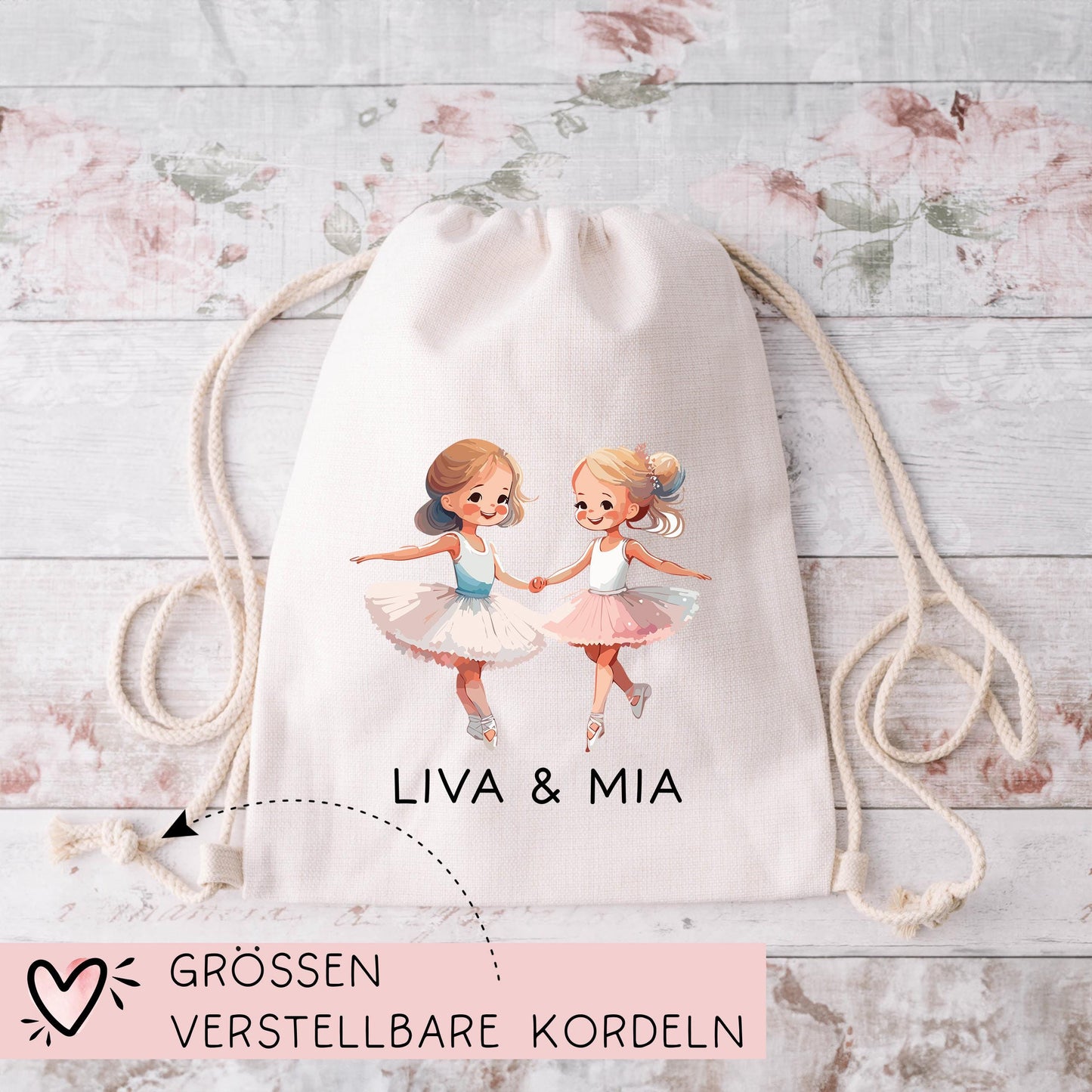 2 Ballerina Turnbeutel Stofftasche mit Namen personalisiert - Rucksack als Sportbeutel für Schule, Kindergarten - Sportbeutel - Schwester kleinebuchstaben