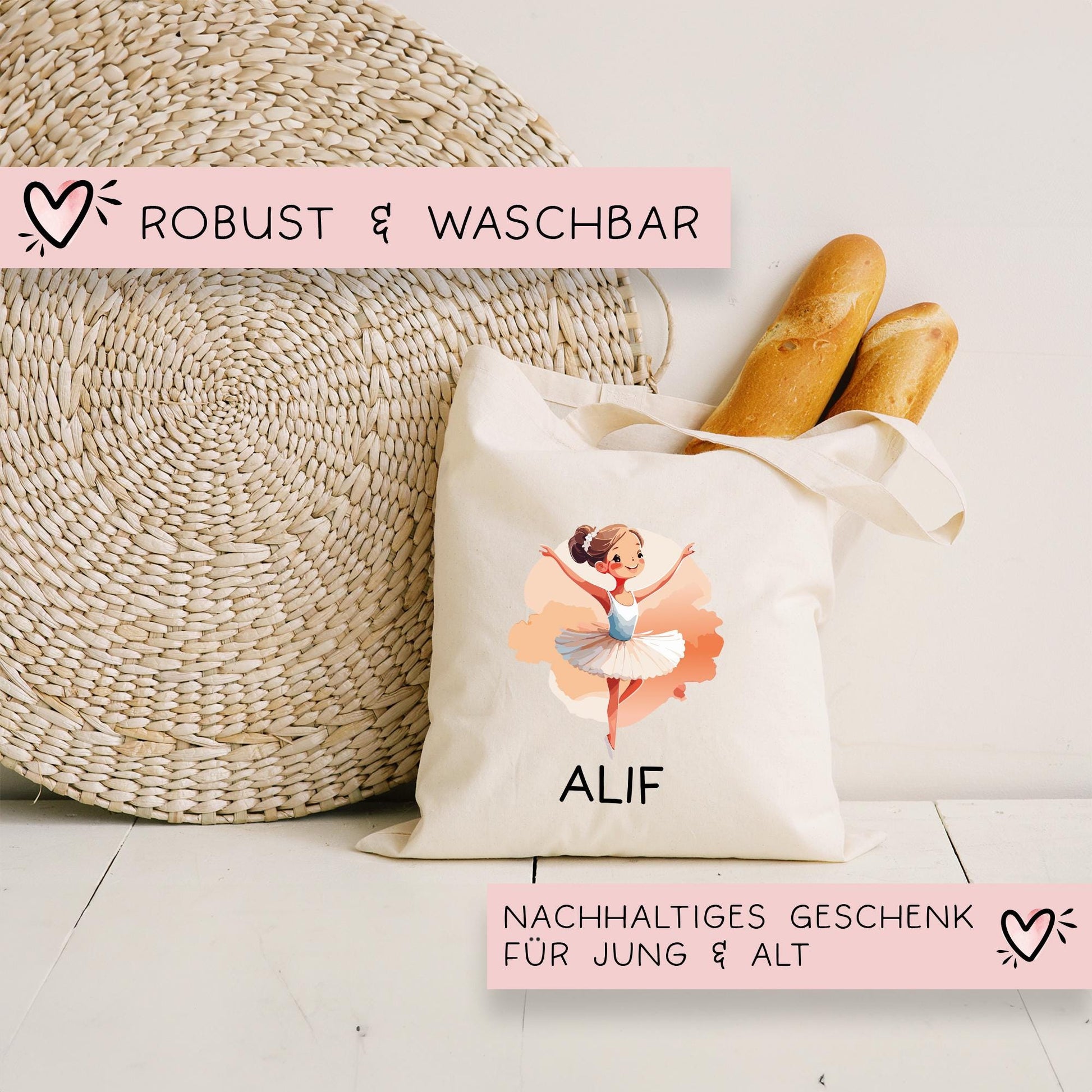 Turnbeutel Stofftasche Ballerina mit Namen personalisiert - Rucksack als Sportbeutel für Schule, Kindergarten - Sportbeutel - Sporttasche  kleinebuchstaben